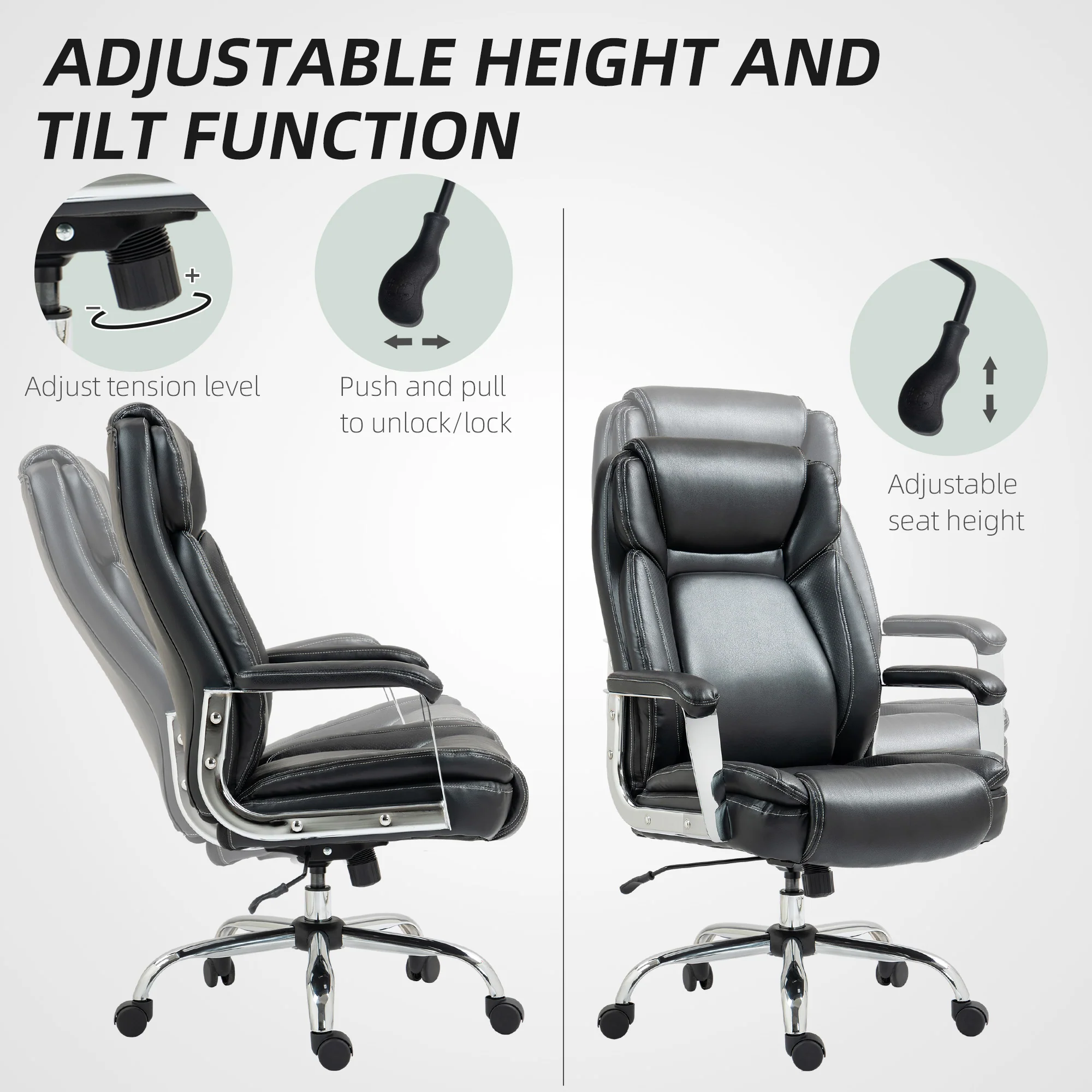 HOMCOM Faux Leather Desk Chair With Adjustable Height, 227kg 500LBS, Black - Image 6
