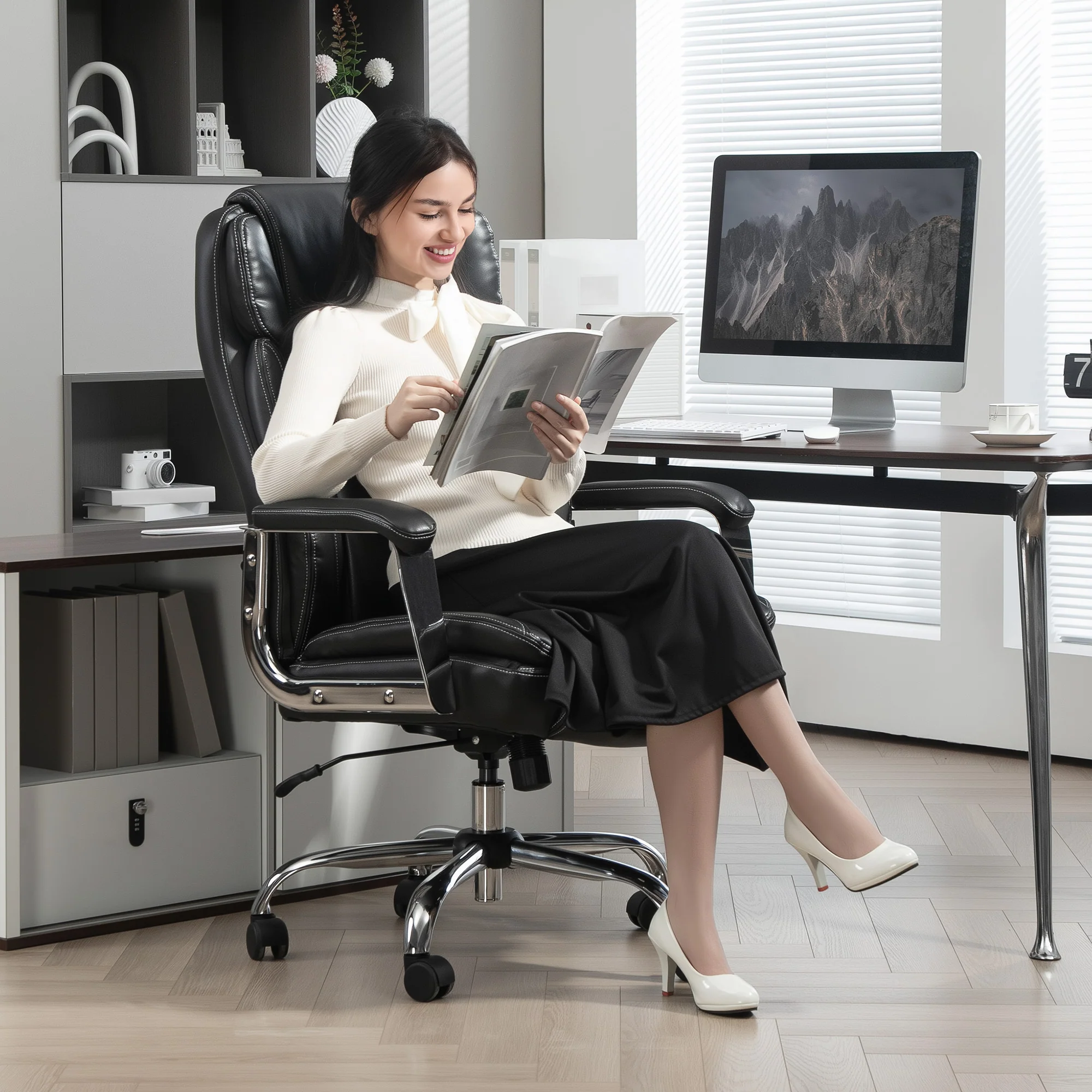 HOMCOM Faux Leather Desk Chair With Adjustable Height, 227kg 500LBS, Black - Image 7