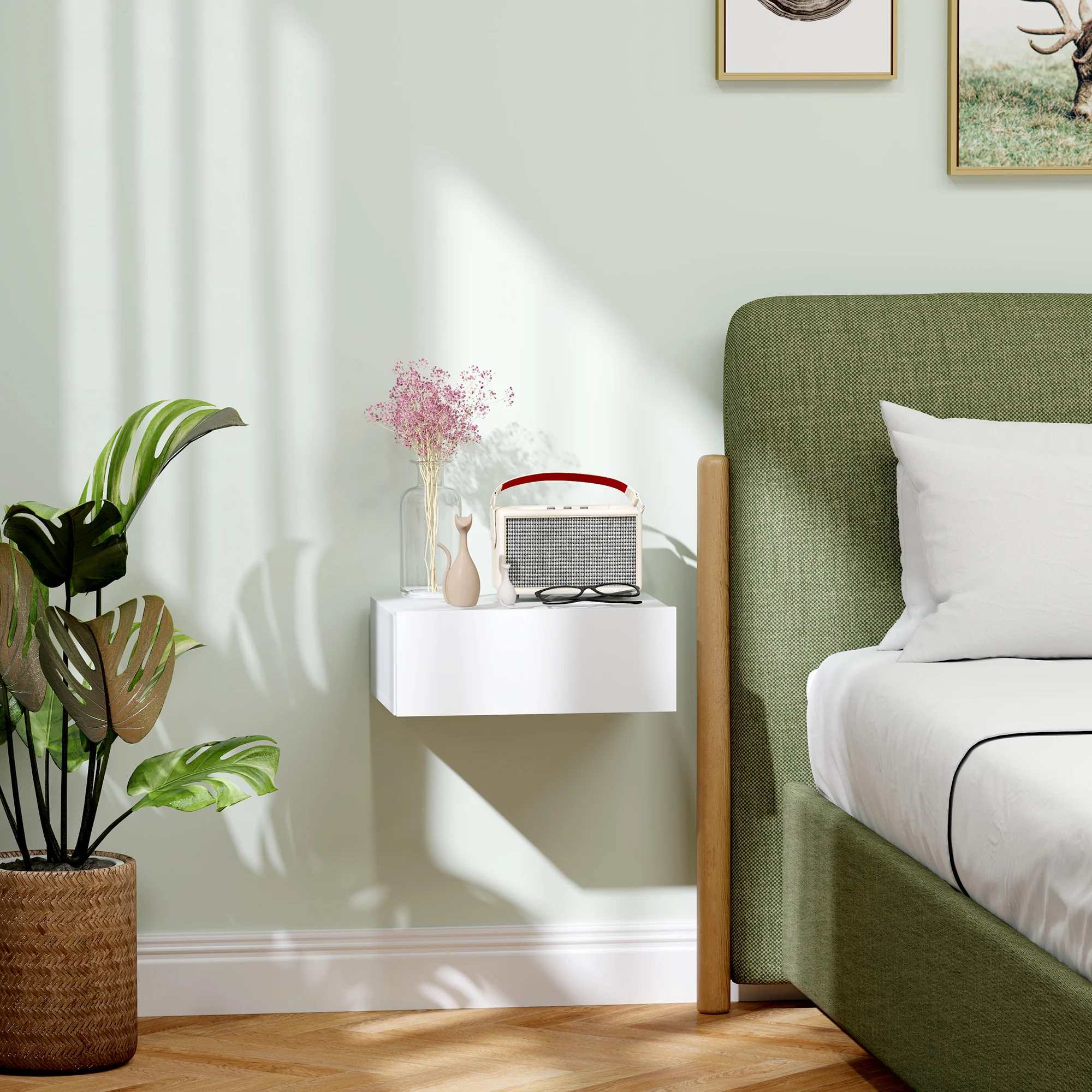 HOMCOM Floating Bedside Table, Wall-Mounted Side Table for Bedroom, White - Image 2