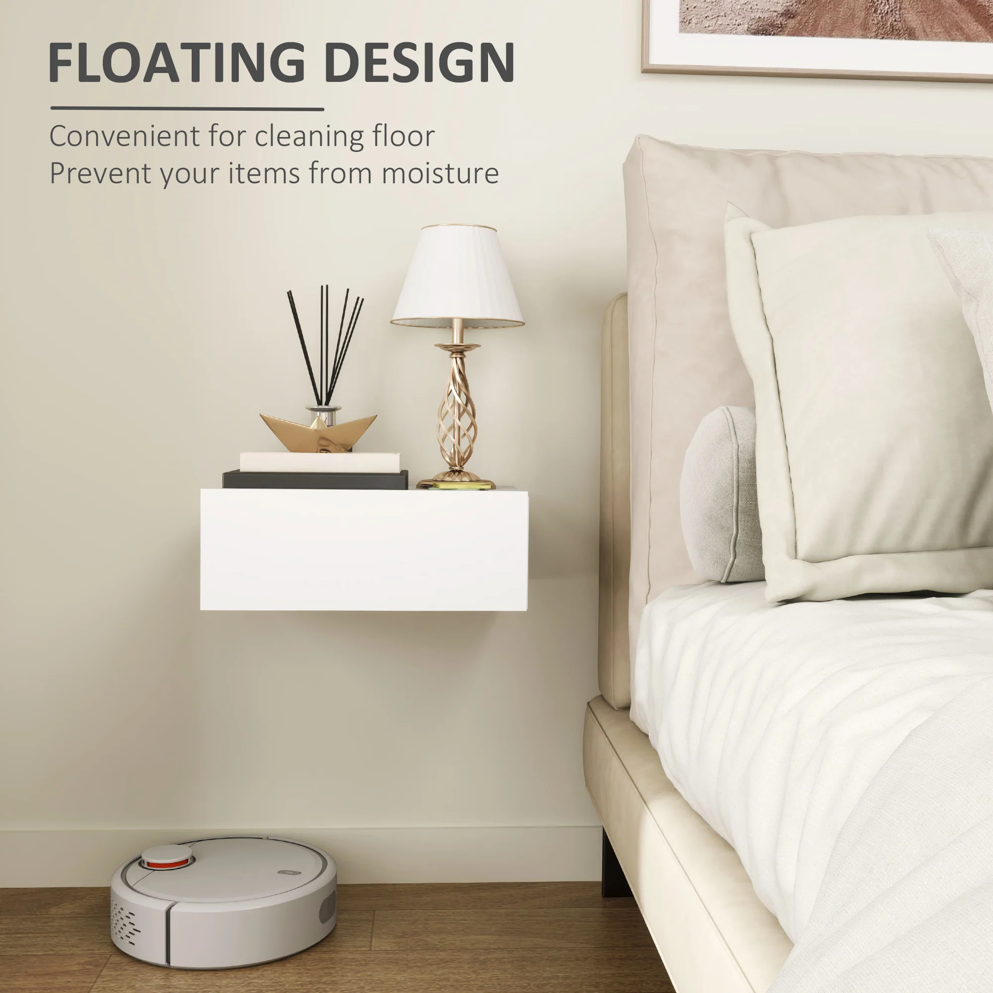 HOMCOM Floating Bedside Table, Wall-Mounted Side Table for Bedroom, White - Image 4