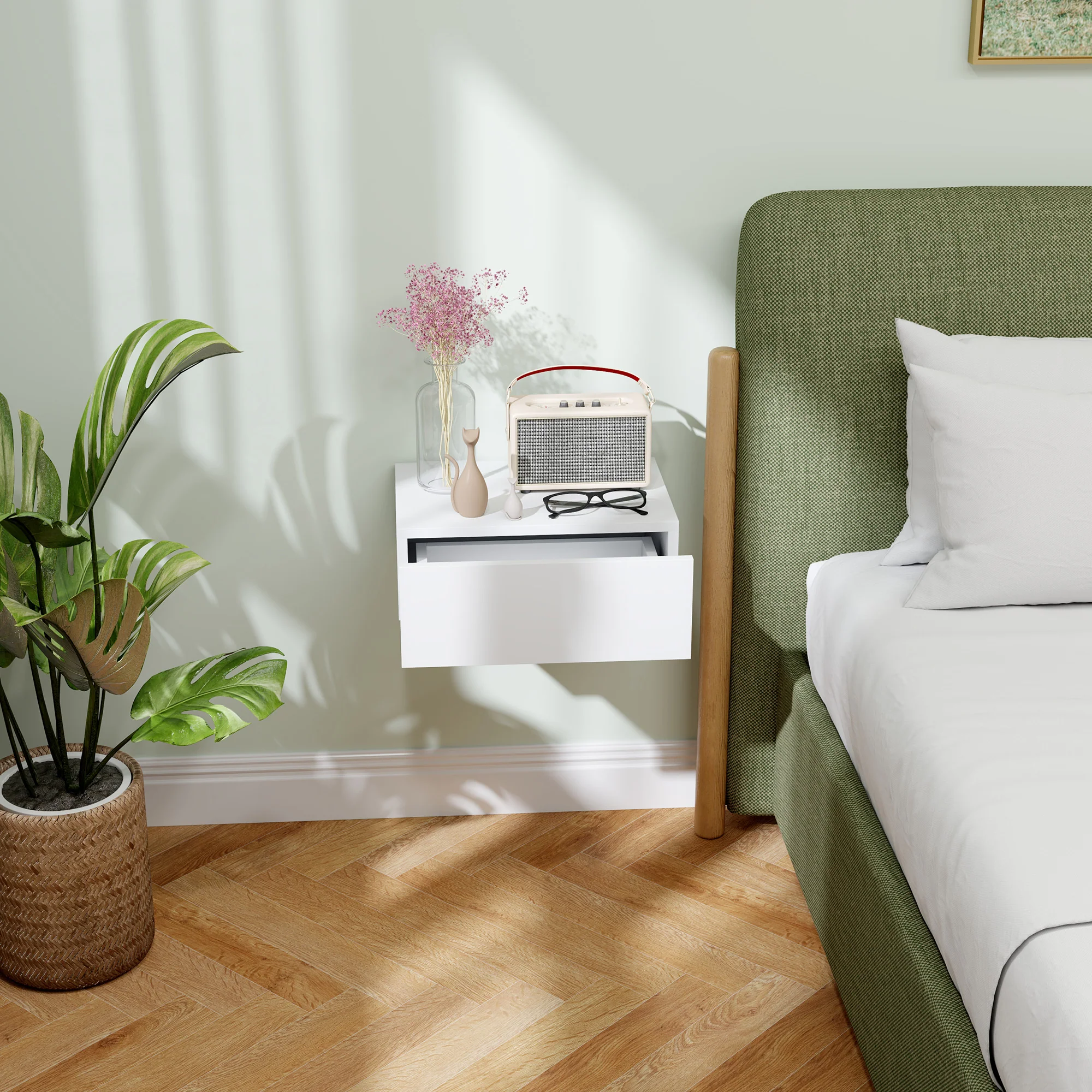 HOMCOM Floating Bedside Table, Wall-Mounted Side Table for Bedroom, White - Image 6