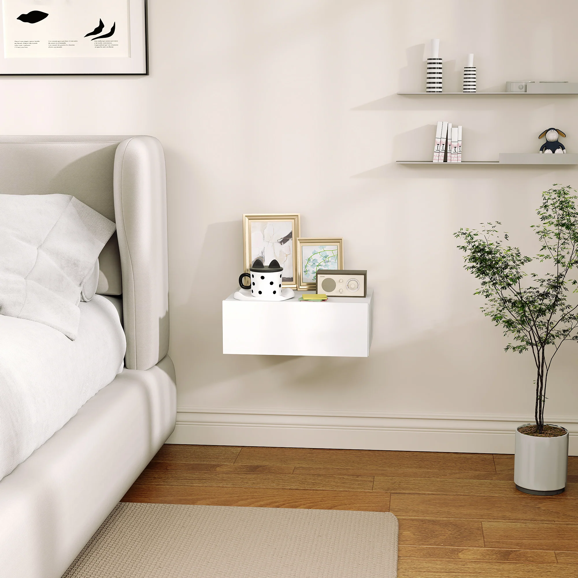 HOMCOM Floating Bedside Table, Wall-Mounted Side Table for Bedroom, White - Image 7