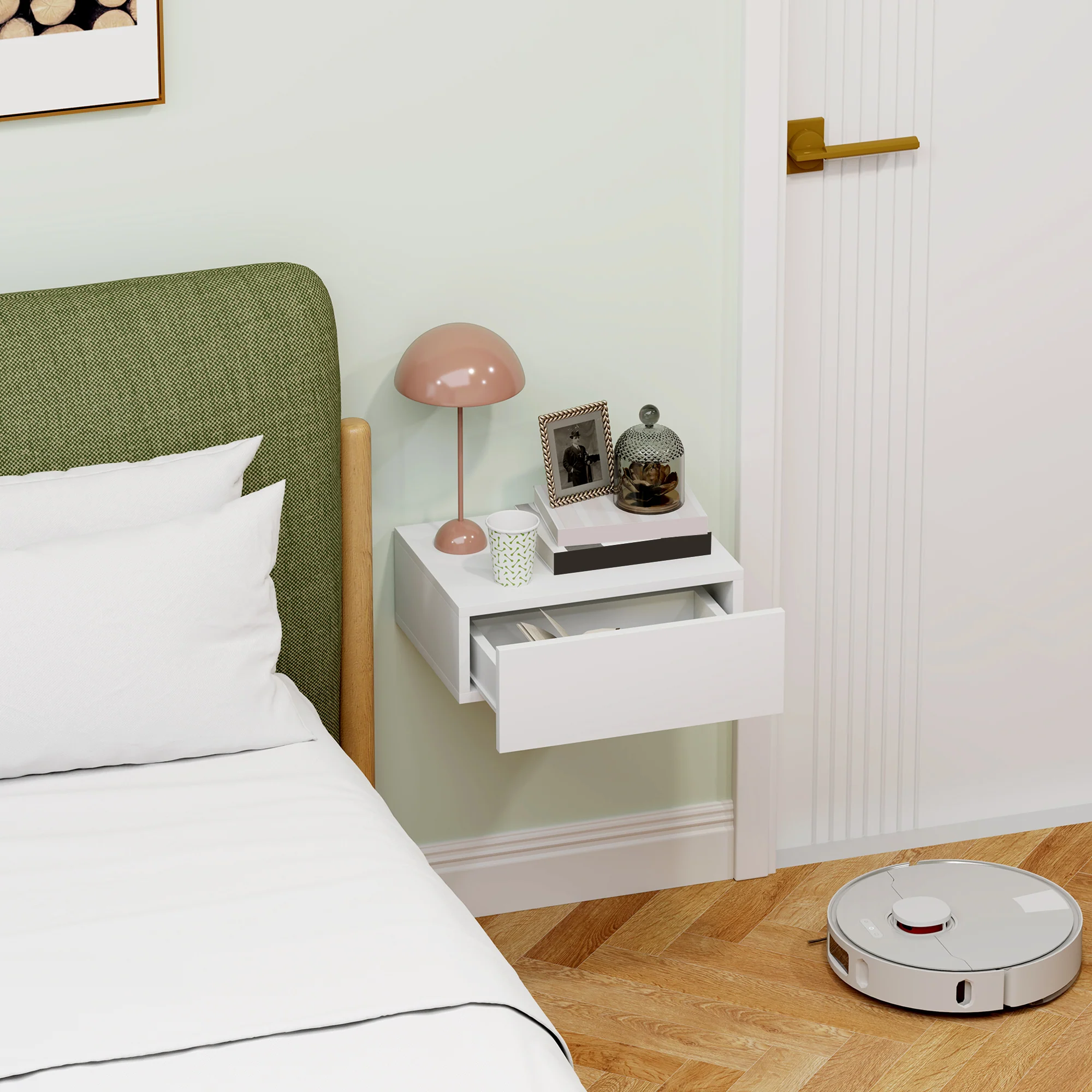 HOMCOM Floating Bedside Table, Wall-Mounted Side Table for Bedroom, White - Image 8