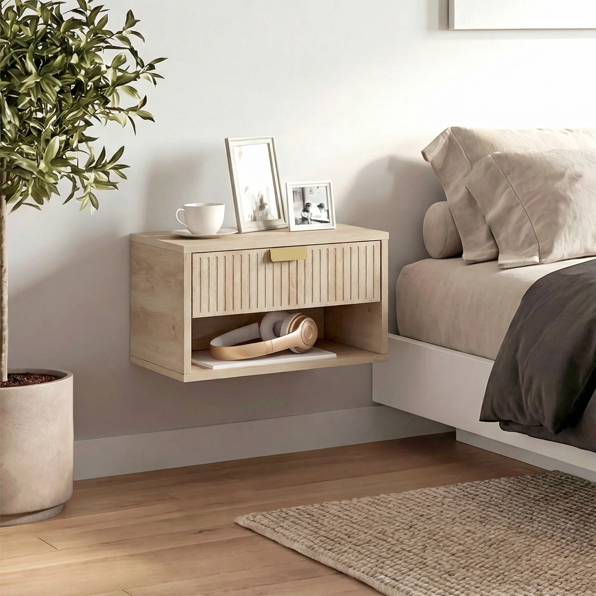 HOMCOM Floating Bedside Tables Set of 2 with Fluted Drawer Open Shelf Oak - Image 9