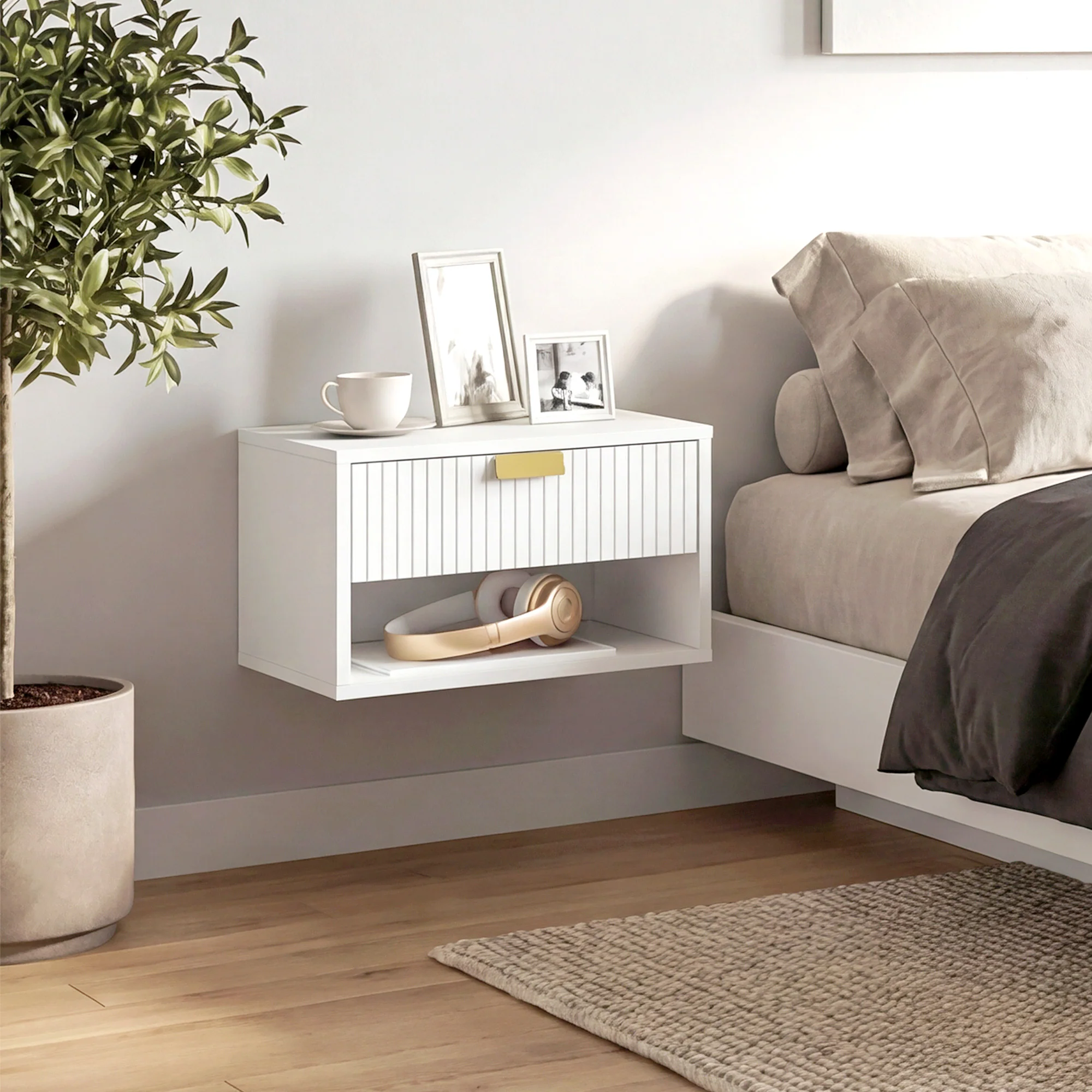 HOMCOM Floating Bedside Tables Set Of 2 With Fluted Drawer Open Shelf White - Image 9