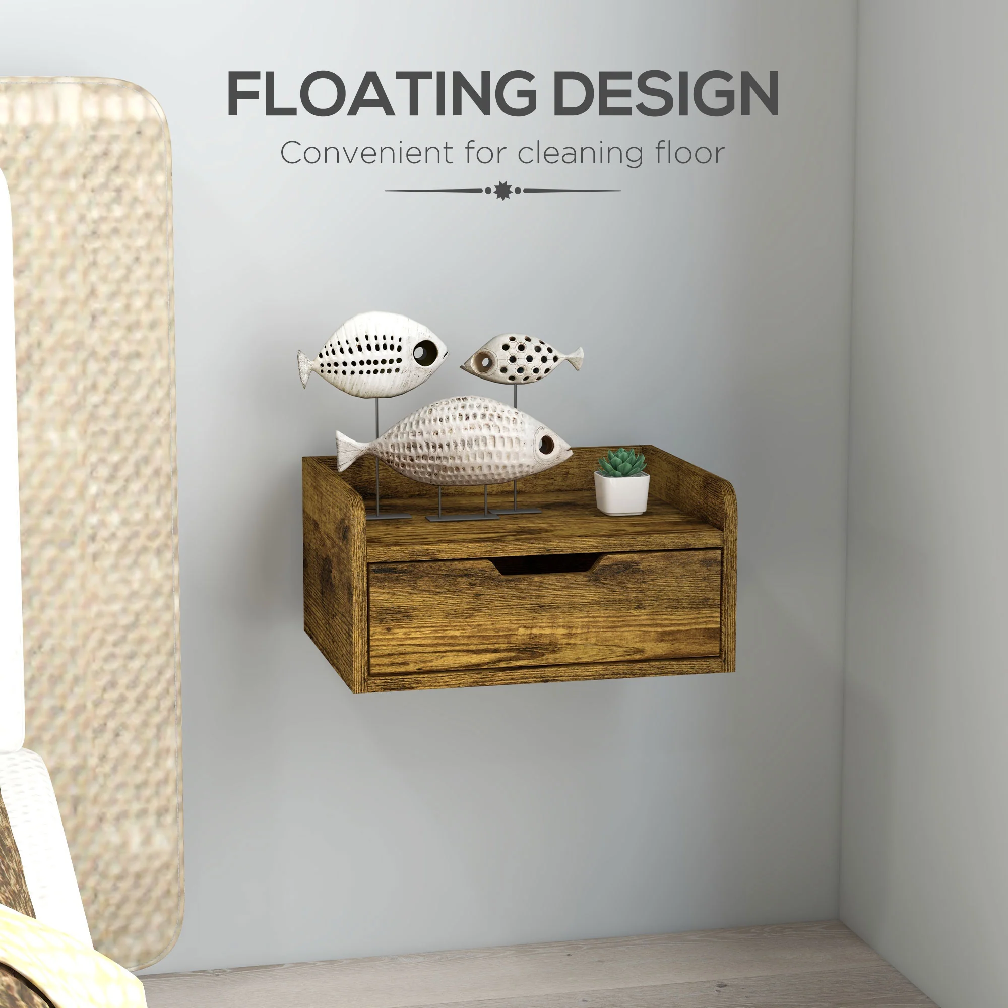 HOMCOM Floating Nightstand Set Of 2, Nightstand With Drawer, Rustic Brown - Image 4