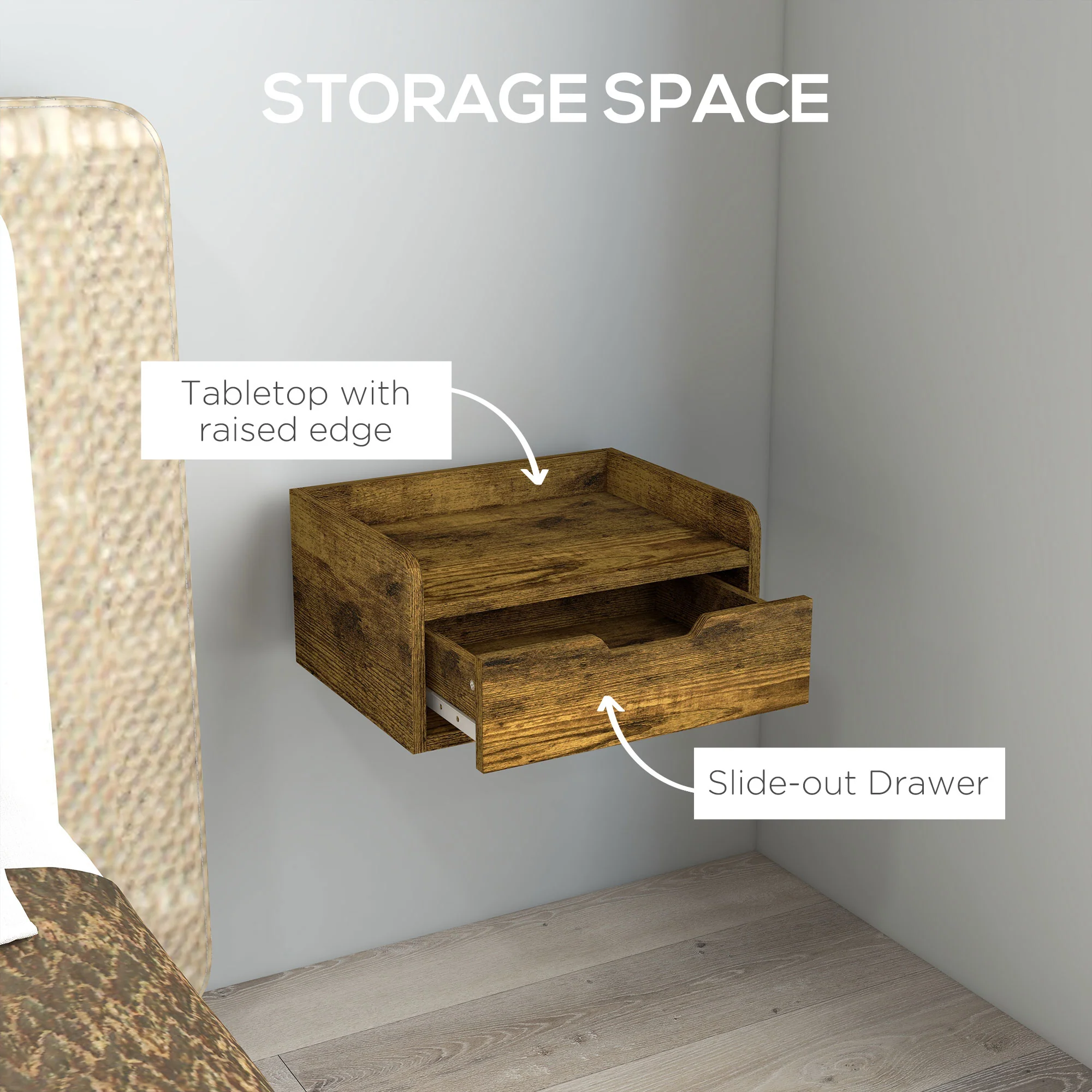 HOMCOM Floating Nightstand Set Of 2, Nightstand With Drawer, Rustic Brown - Image 6