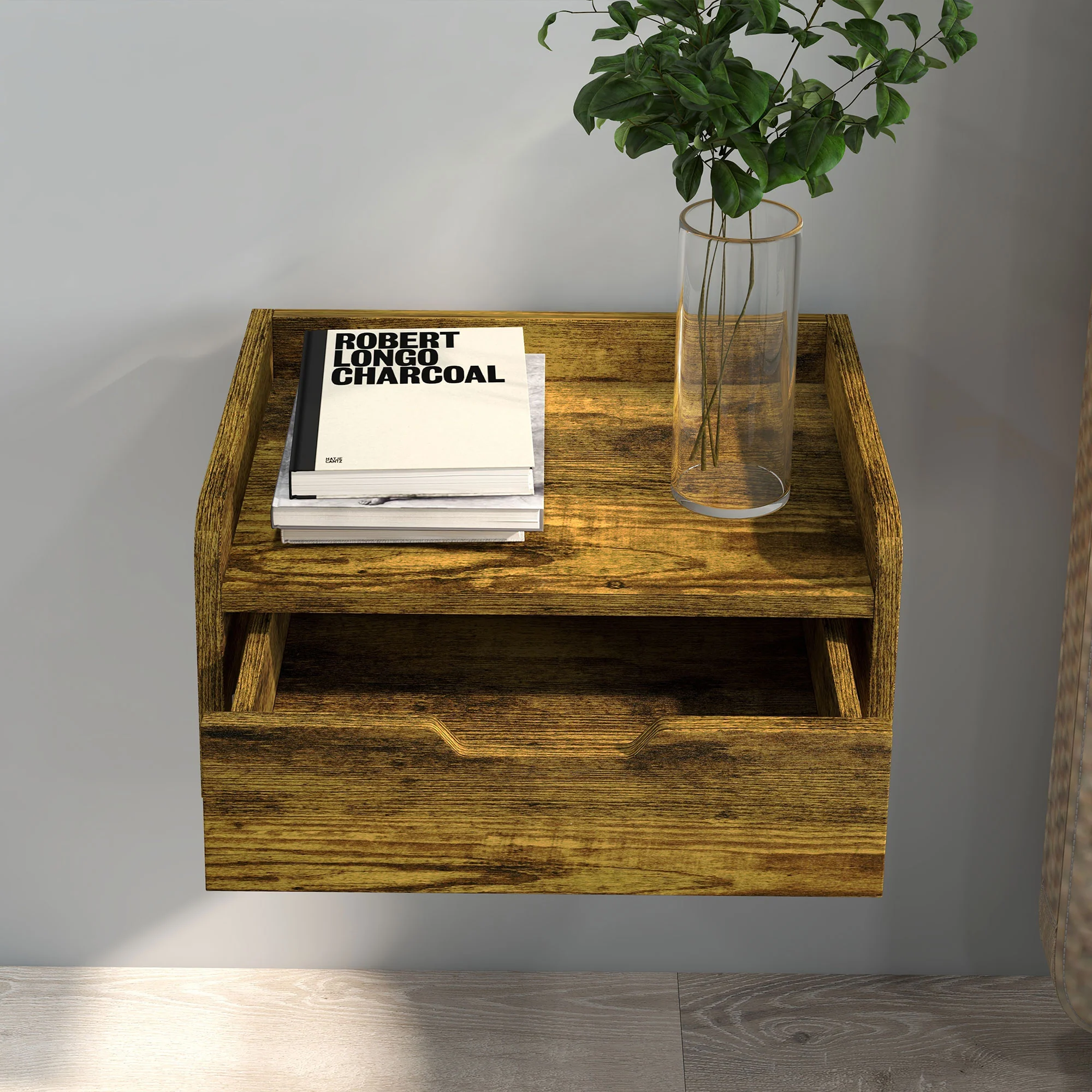 HOMCOM Floating Nightstand Set Of 2, Nightstand With Drawer, Rustic Brown - Image 7
