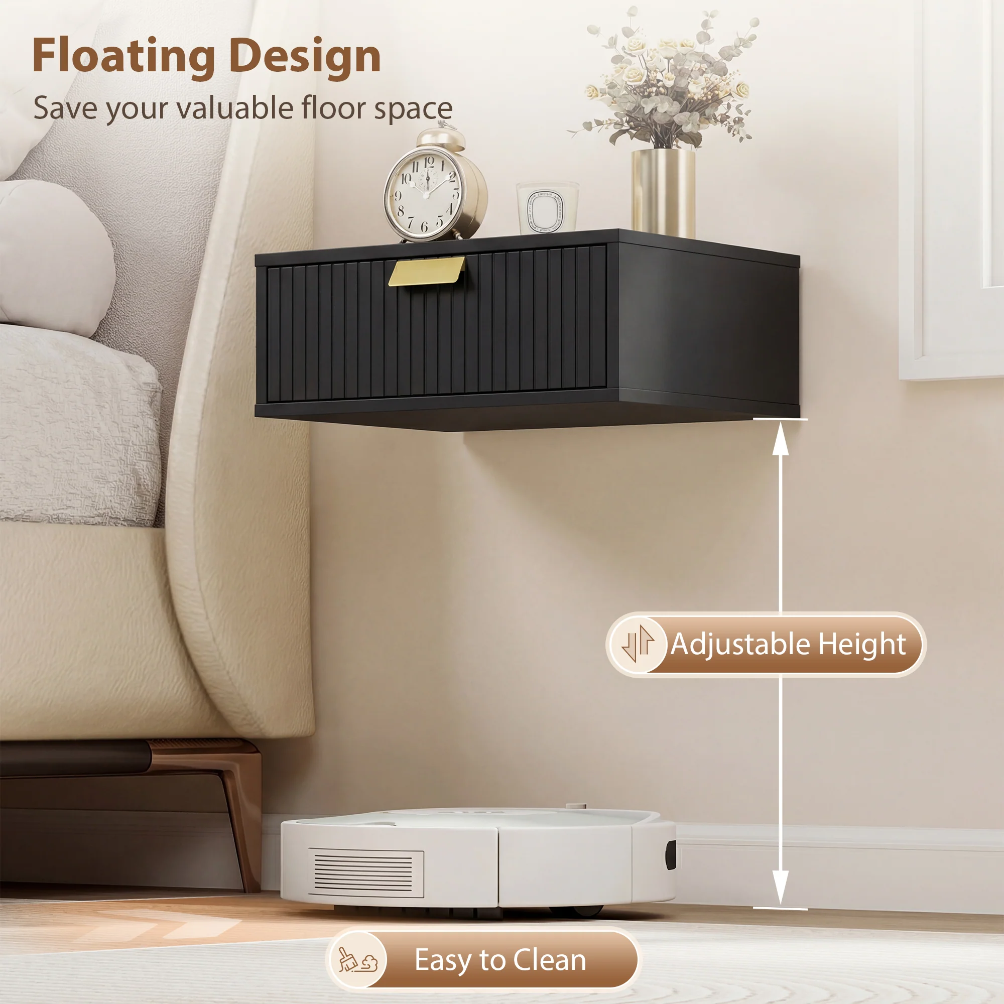 HOMCOM Floating Nightstands Set Of 2 Bedside Tables W/ Wave Drawer Black - Image 3