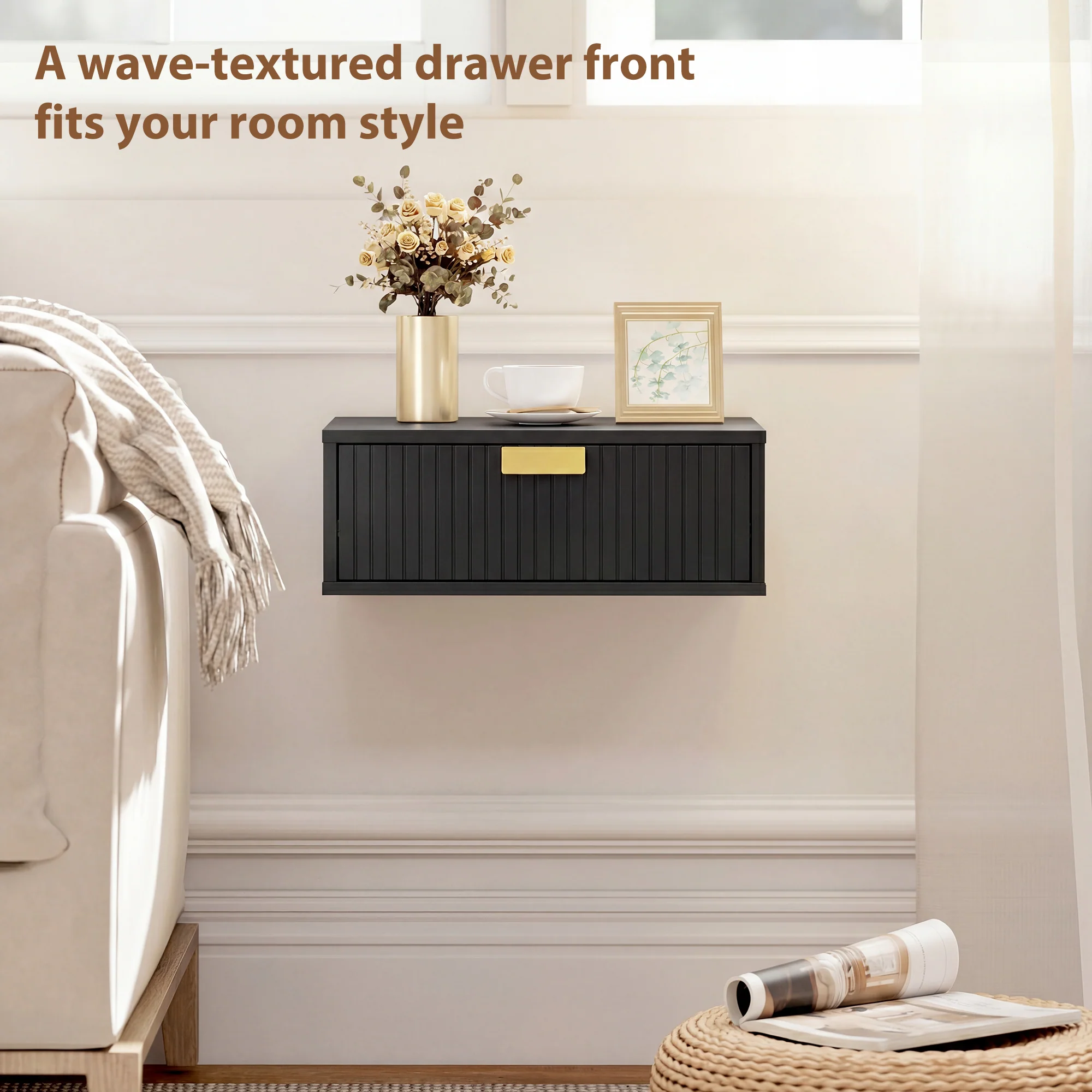 HOMCOM Floating Nightstands Set Of 2 Bedside Tables W/ Wave Drawer Black - Image 7