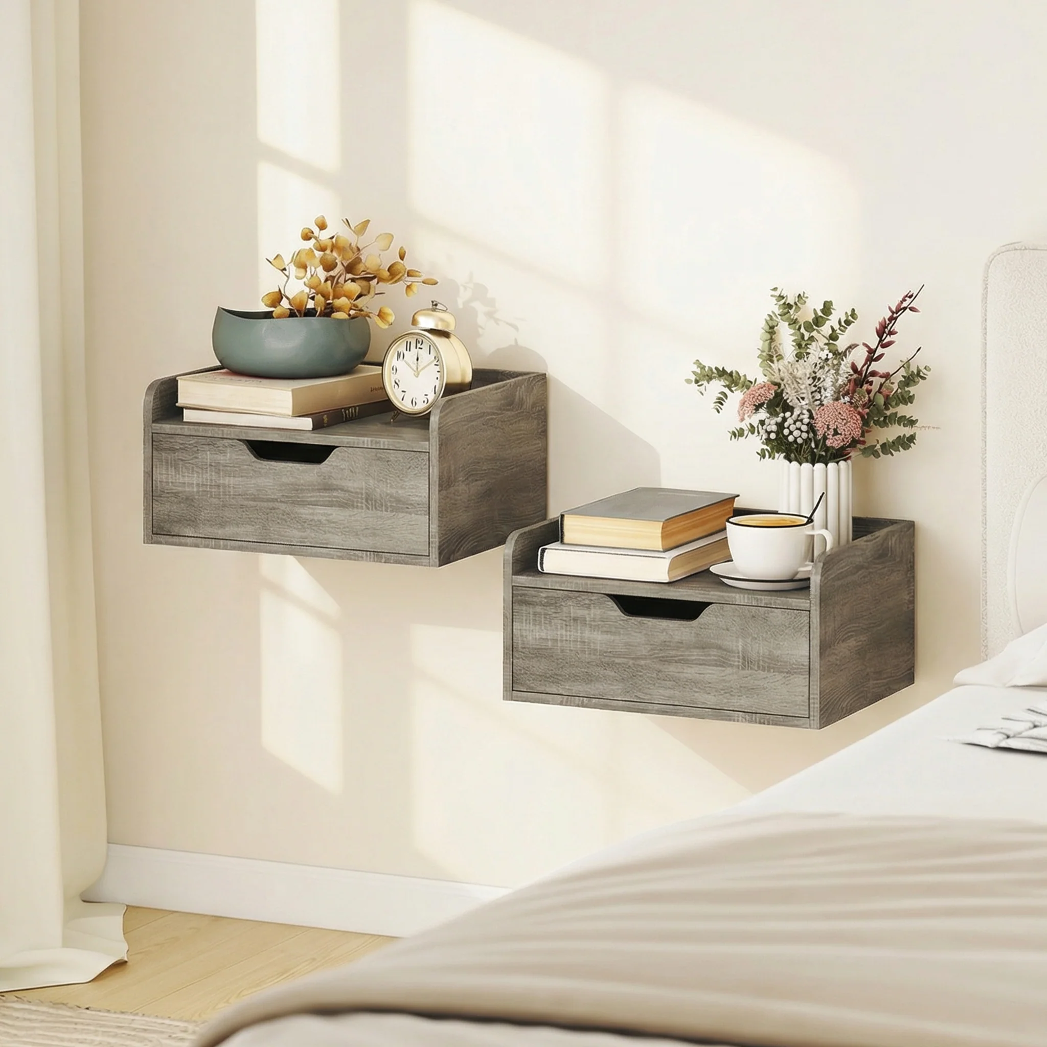 HOMCOM Floating Nightstands Set of 2, Nightstand with Drawer, Grey - Image 2