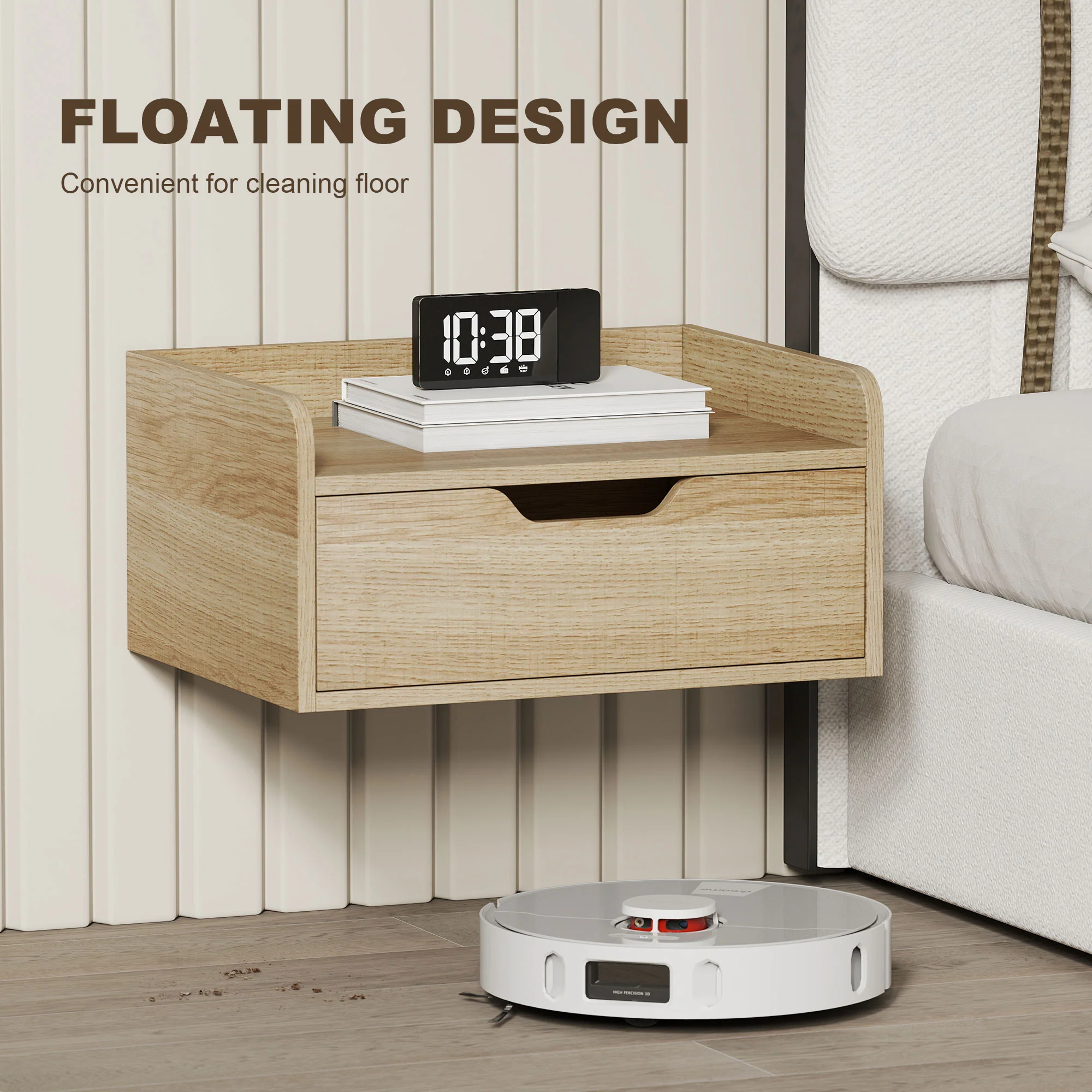 HOMCOM Floating Nightstands Set of 2, Nightstand with Drawer, Natural Wood - Image 4