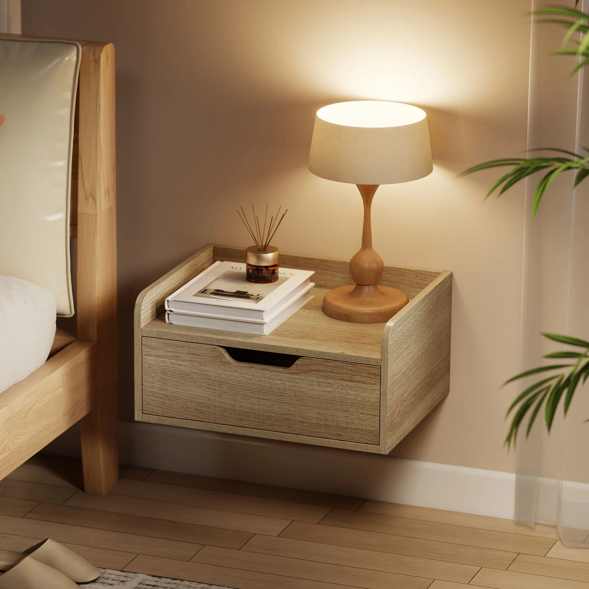HOMCOM Floating Nightstands Set of 2, Nightstand with Drawer, Natural Wood - Image 9