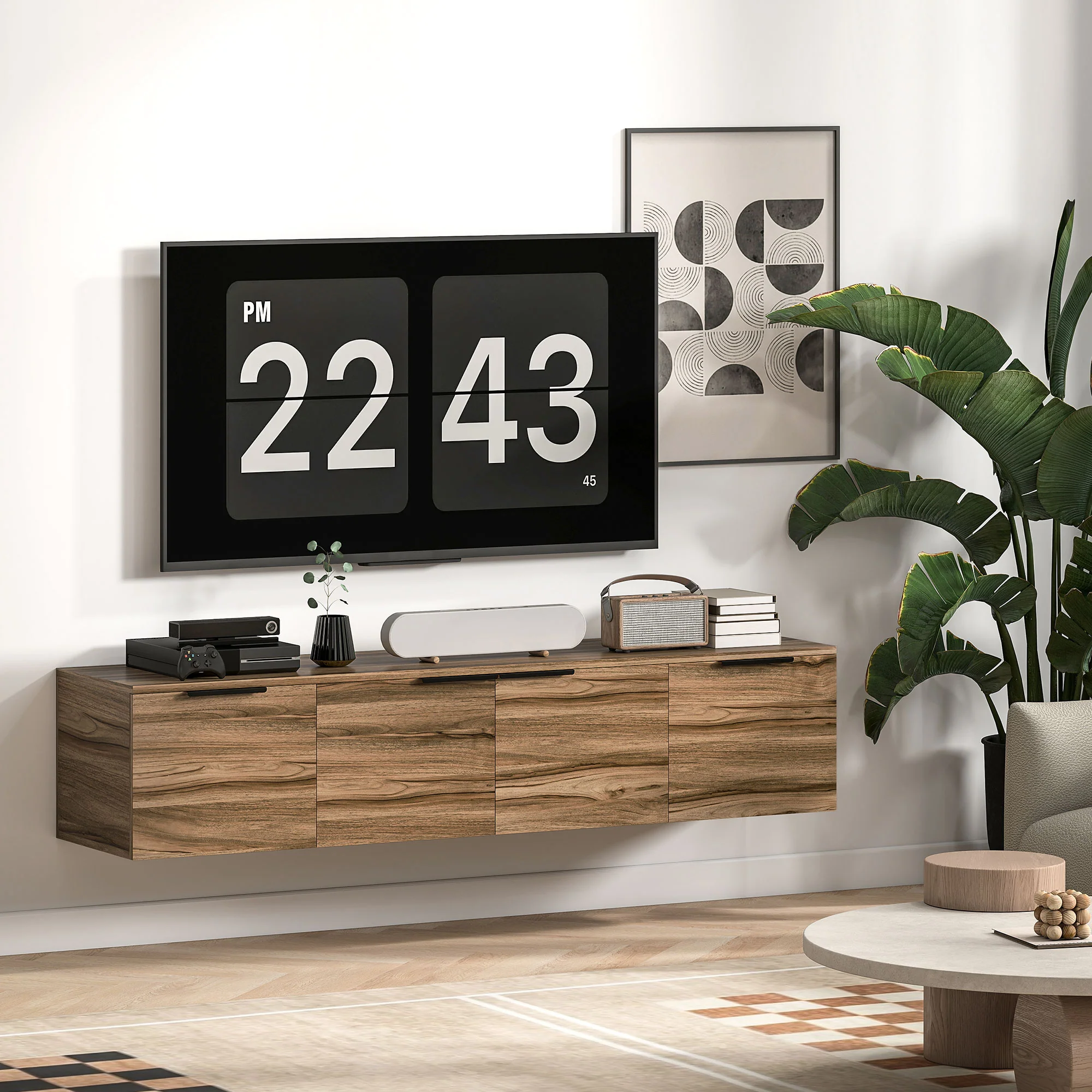 HOMCOM Floating TV Stand Cabinet With Shelves And Doors, Rustic Brown