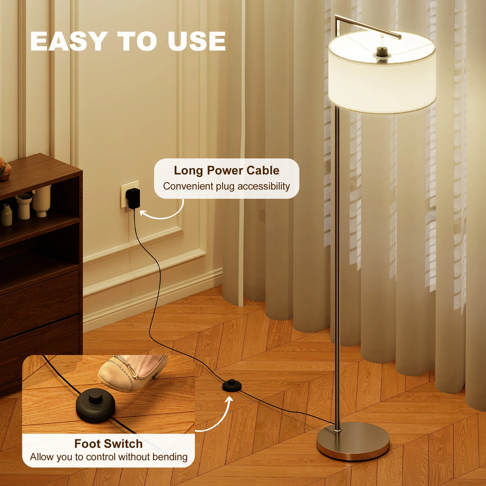 HOMCOM Floor Lamp, Modern Standing Lamp With Linen Lampshade, Silver Tone - Image 5