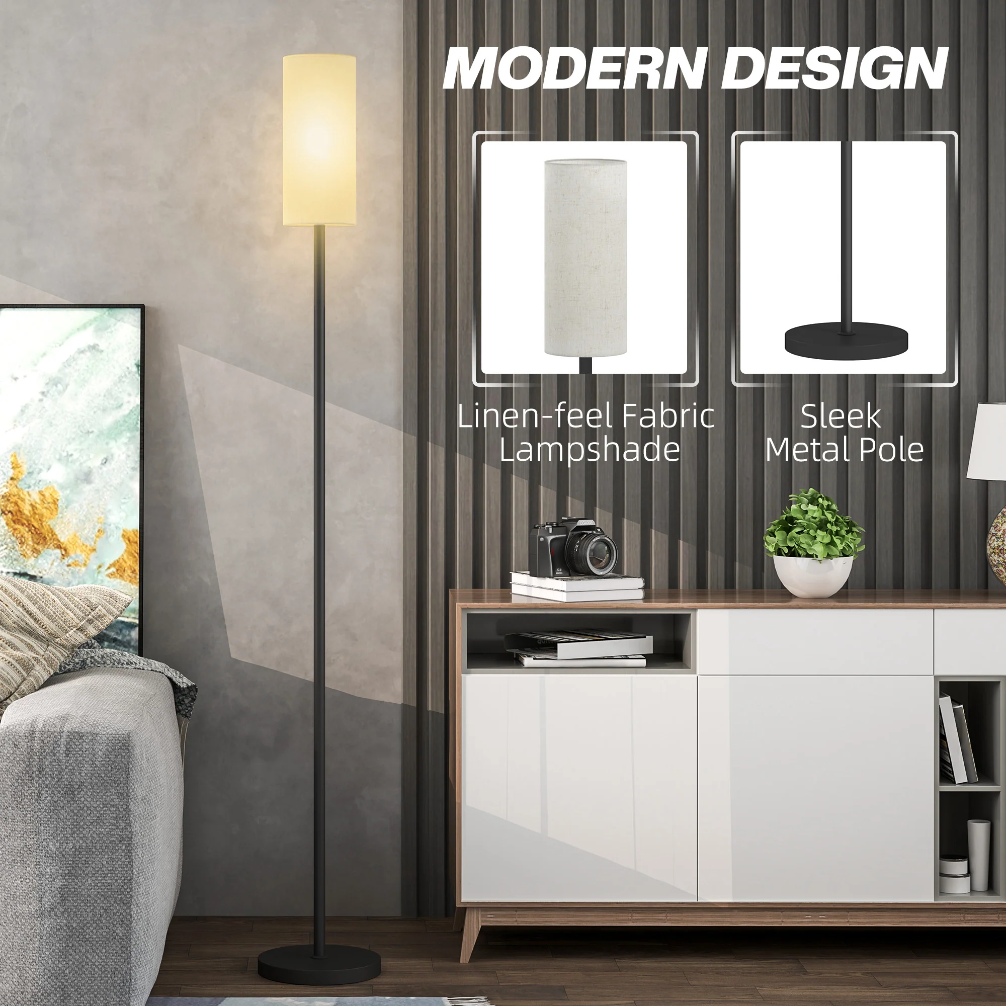 HOMCOM Floor Lamp With Linen Shade & Foot Switch For Living Room, White - Image 3