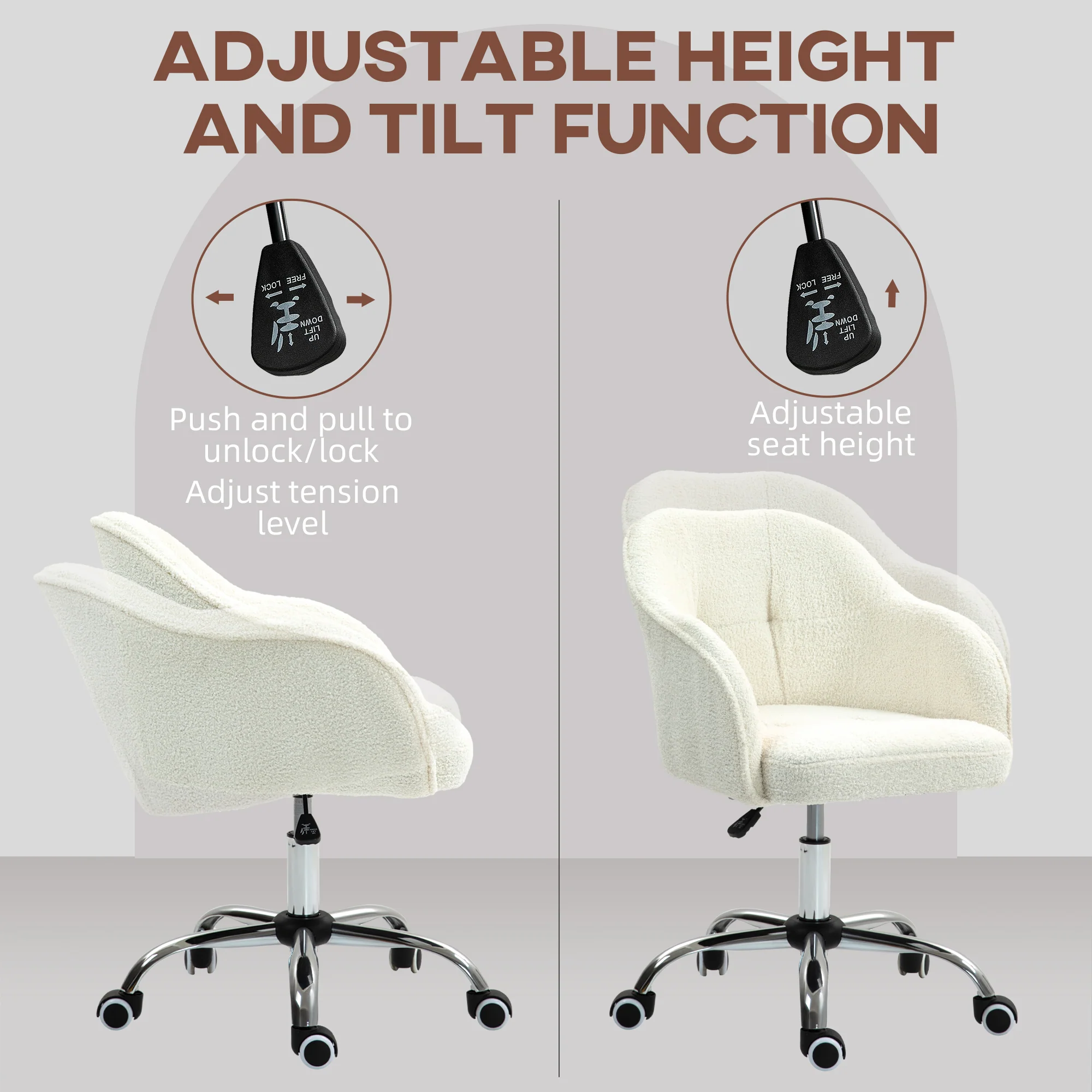 HOMCOM Fluffy Vanity Chair For Desk, With Height Adjustable, Wheels - Grey/Cream - Image 12