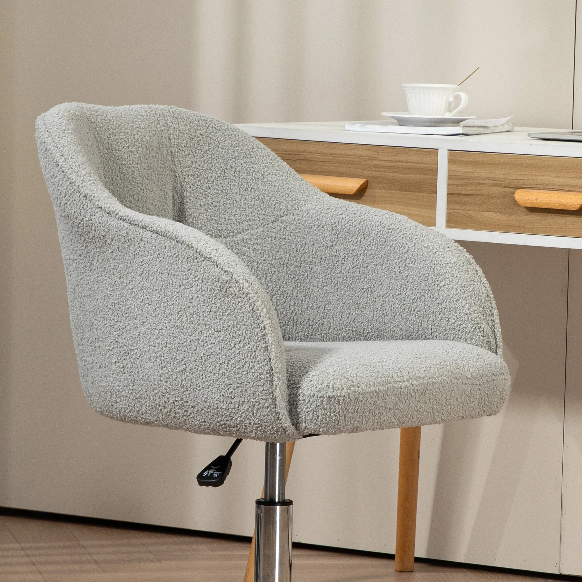 HOMCOM Fluffy Vanity Chair For Desk, With Height Adjustable, Wheels - Grey/Cream - Image 7