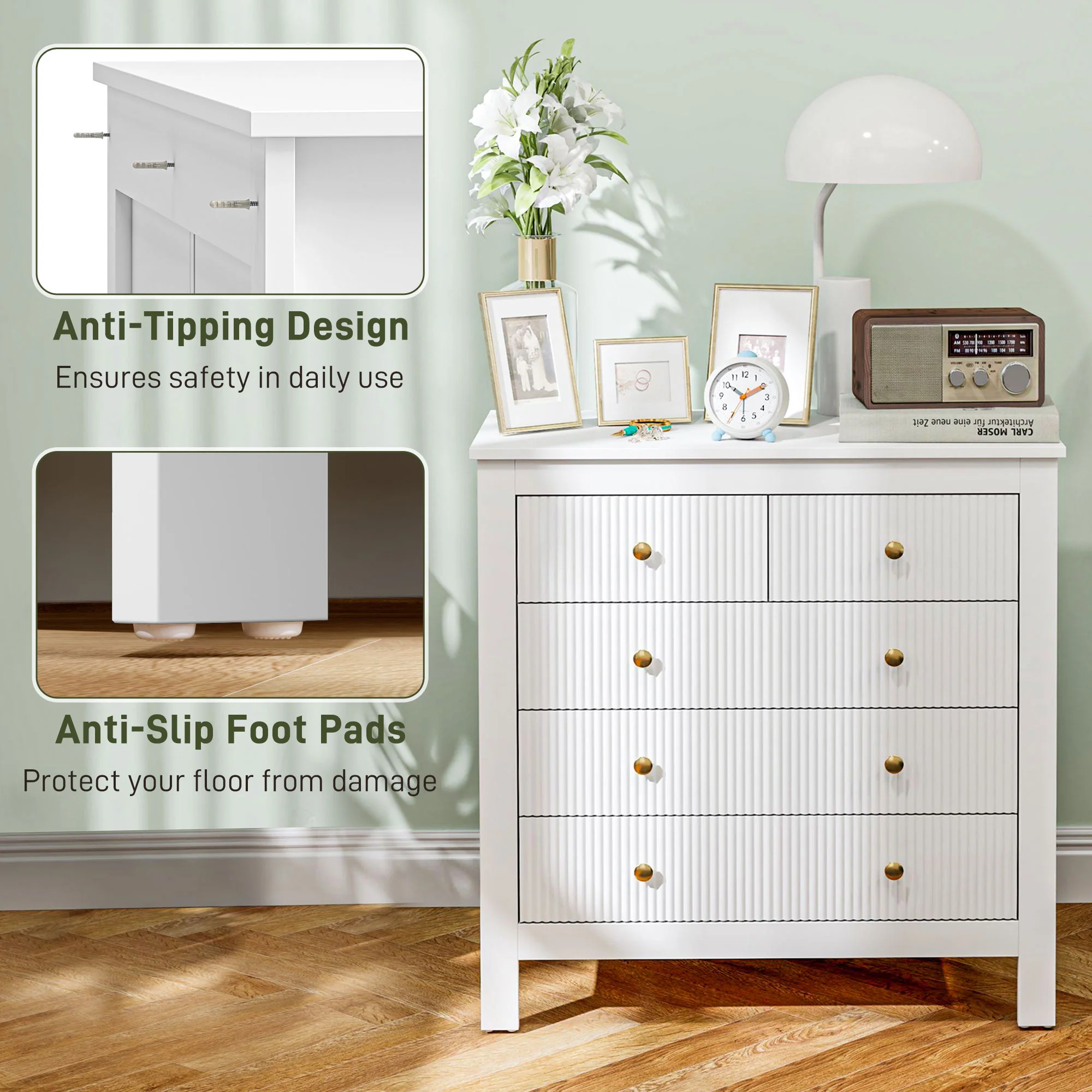HOMCOM Fluted Bedroom Chest of Drawers w/ 5 Drawers Gold Tone Handles - Image 15