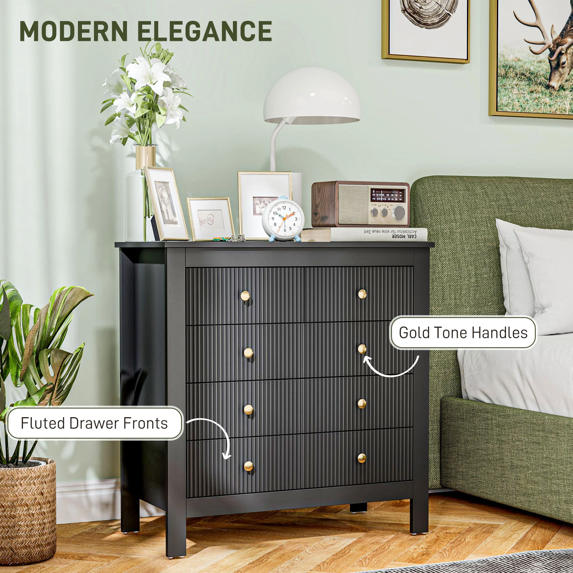 HOMCOM Fluted Bedroom Chest of Drawers w/ 5 Drawers Gold Tone Handles - Image 4
