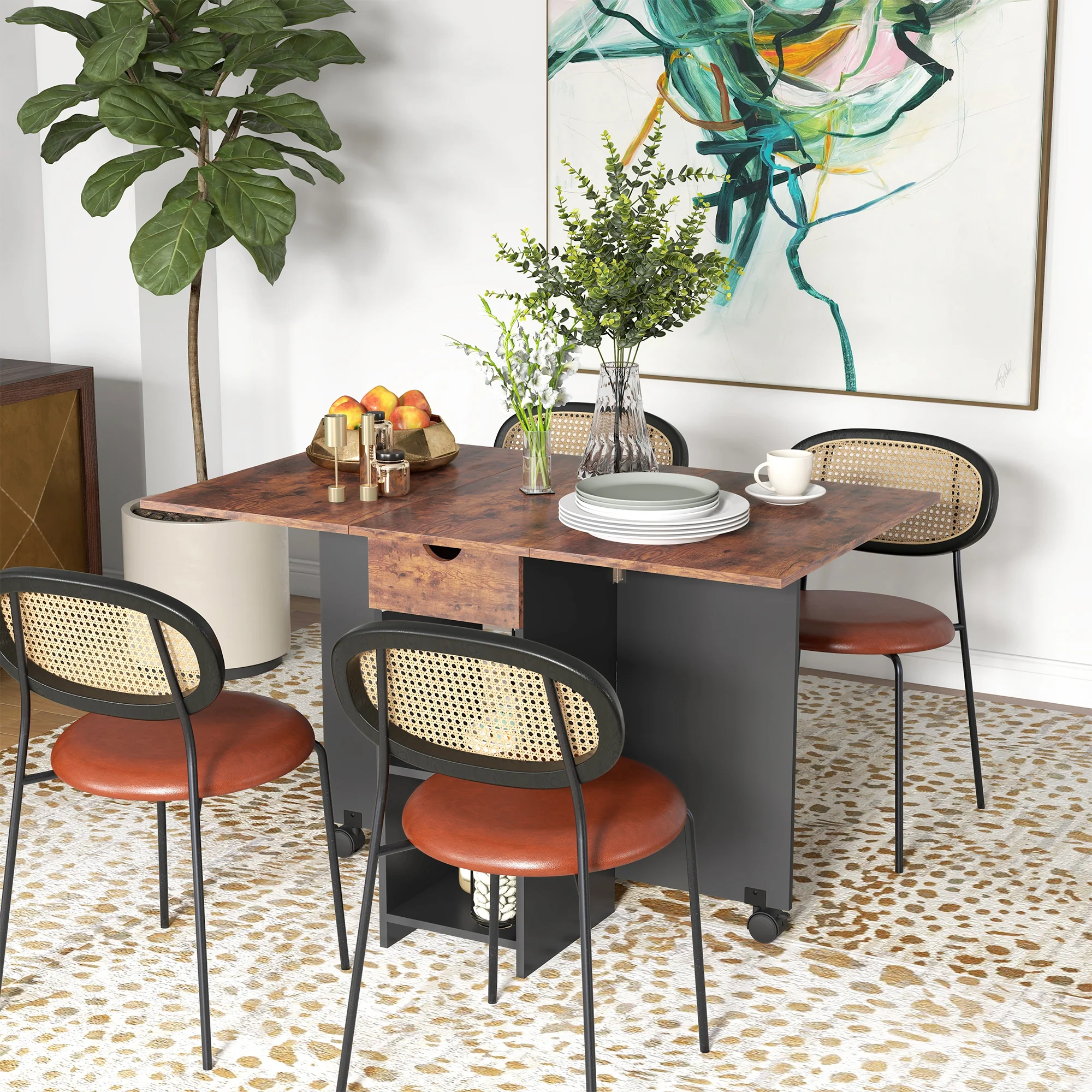 HOMCOM Foldable Dining Table, Drop Leaf Table with Storage, Rustic Brown - Image 2