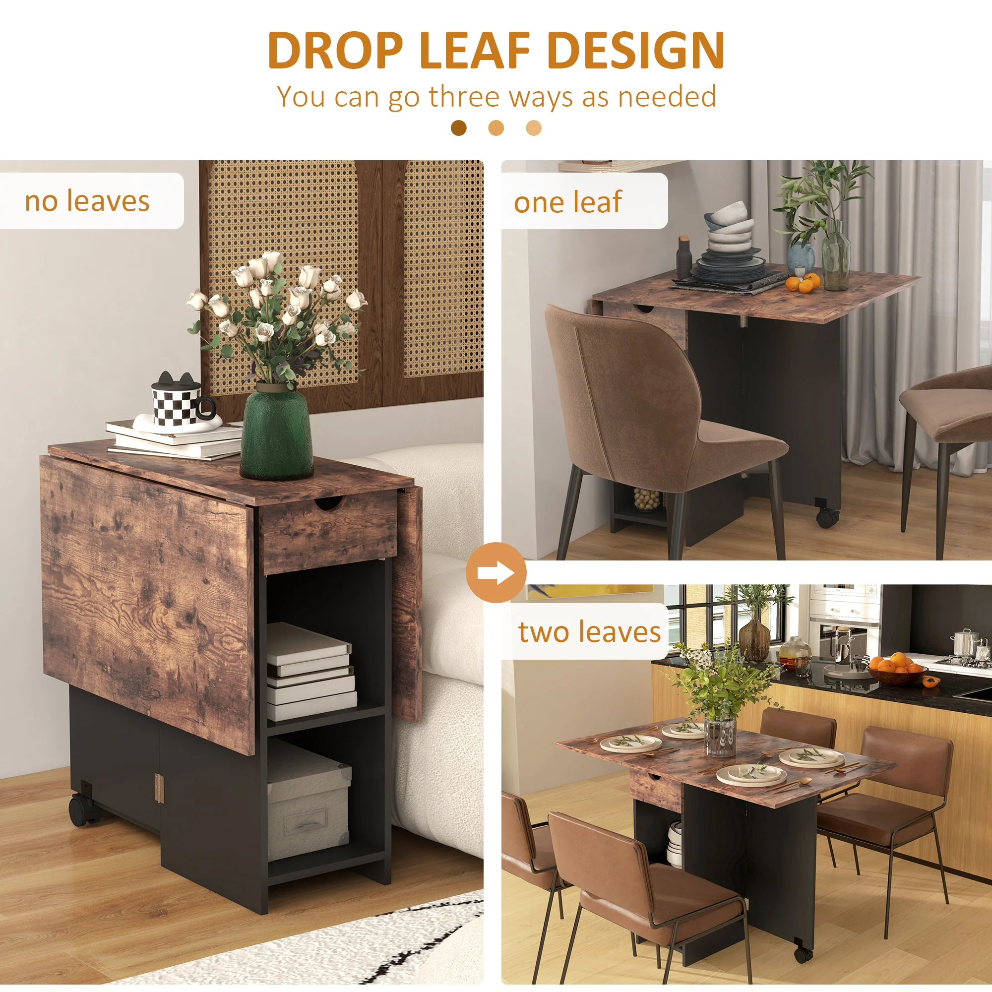 HOMCOM Foldable Dining Table, Drop Leaf Table with Storage, Rustic Brown - Image 4