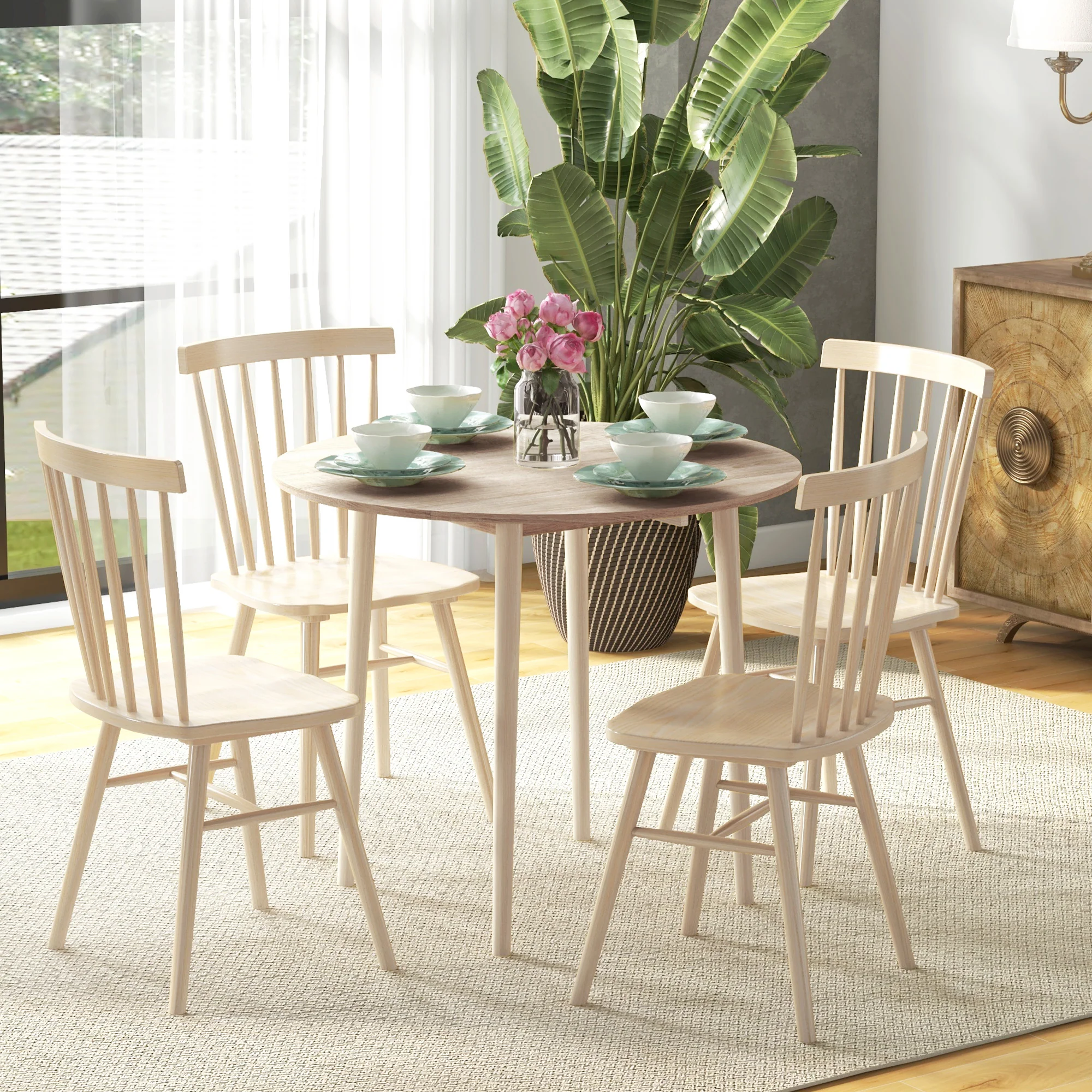 HOMCOM Foldable Dining Table, Round Drop Leaf Table, Wood Legs, Natural - Image 2