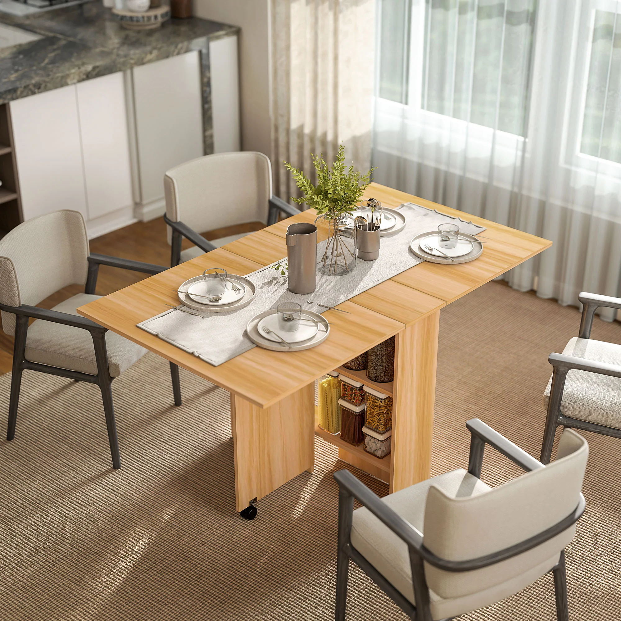 HOMCOM Foldable Dining Table with Storage Shelves for Kitchen, Dining Room - Image 2