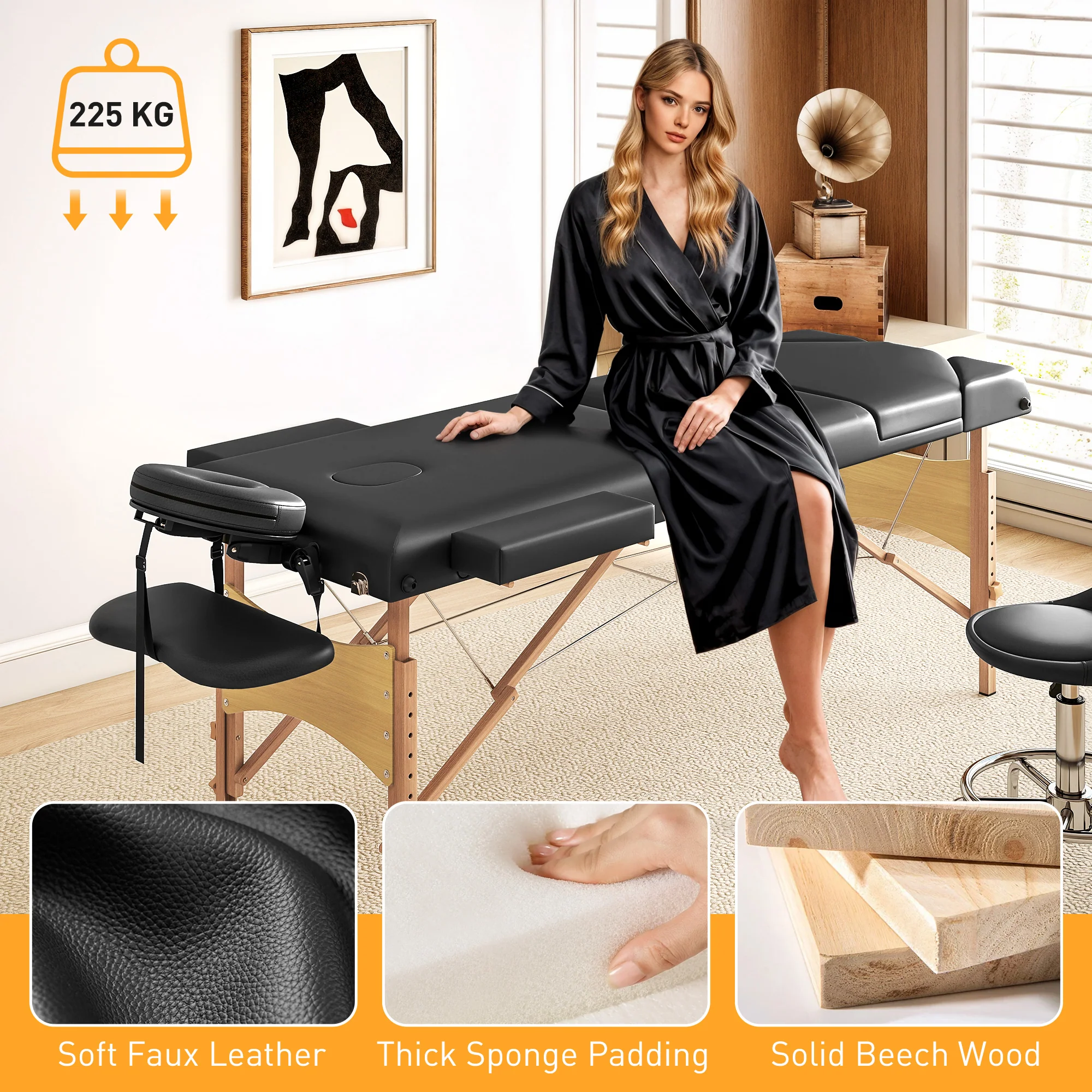 HOMCOM Foldable Massage Bed with Beech Wood Legs Face Cradle Armrests - Image 7