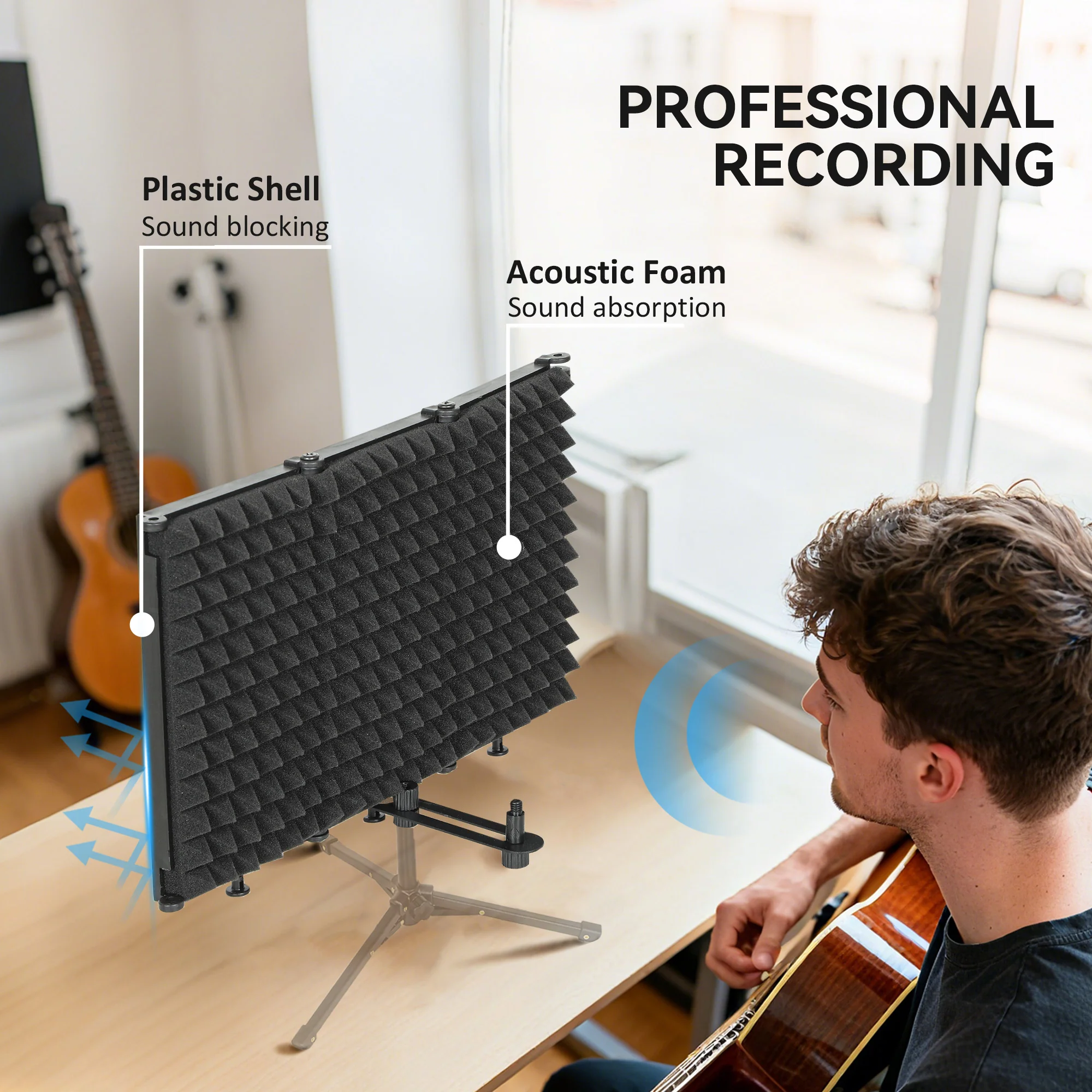 HOMCOM Foldable Table Top Studio Microphone Isolation Shield, Black - Image 3