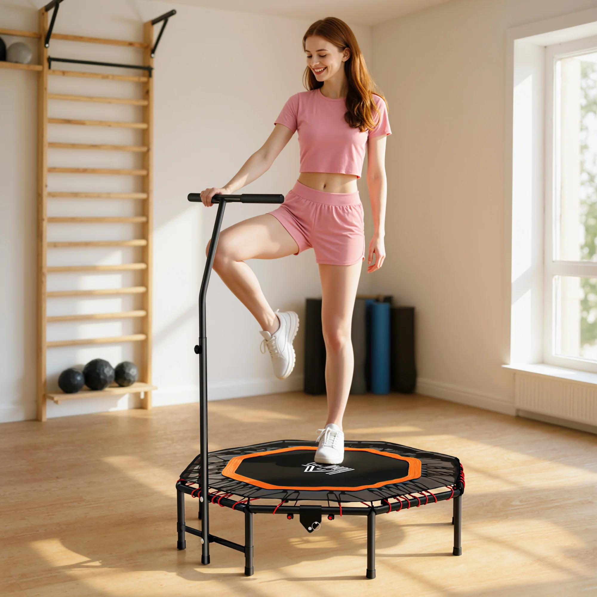 HOMCOM Foldable Trampoline w/ Adjust Handle, Max Load 150 KG, Orange - Image 2