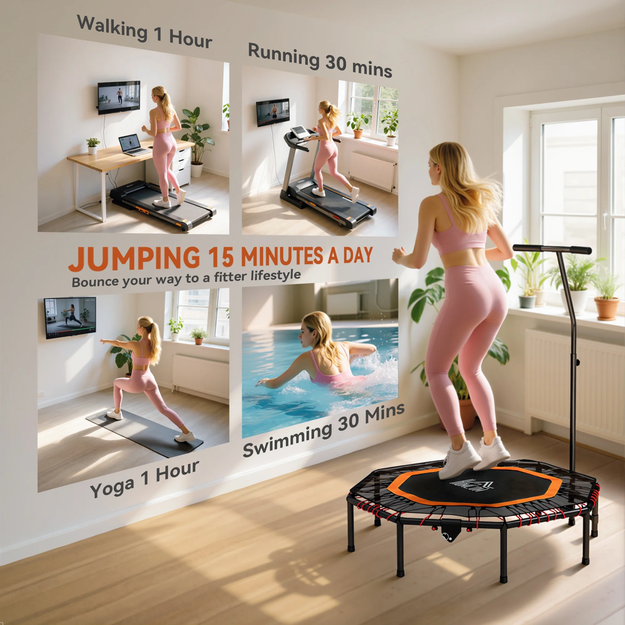 HOMCOM Foldable Trampoline w/ Adjust Handle, Max Load 150 KG, Orange - Image 3