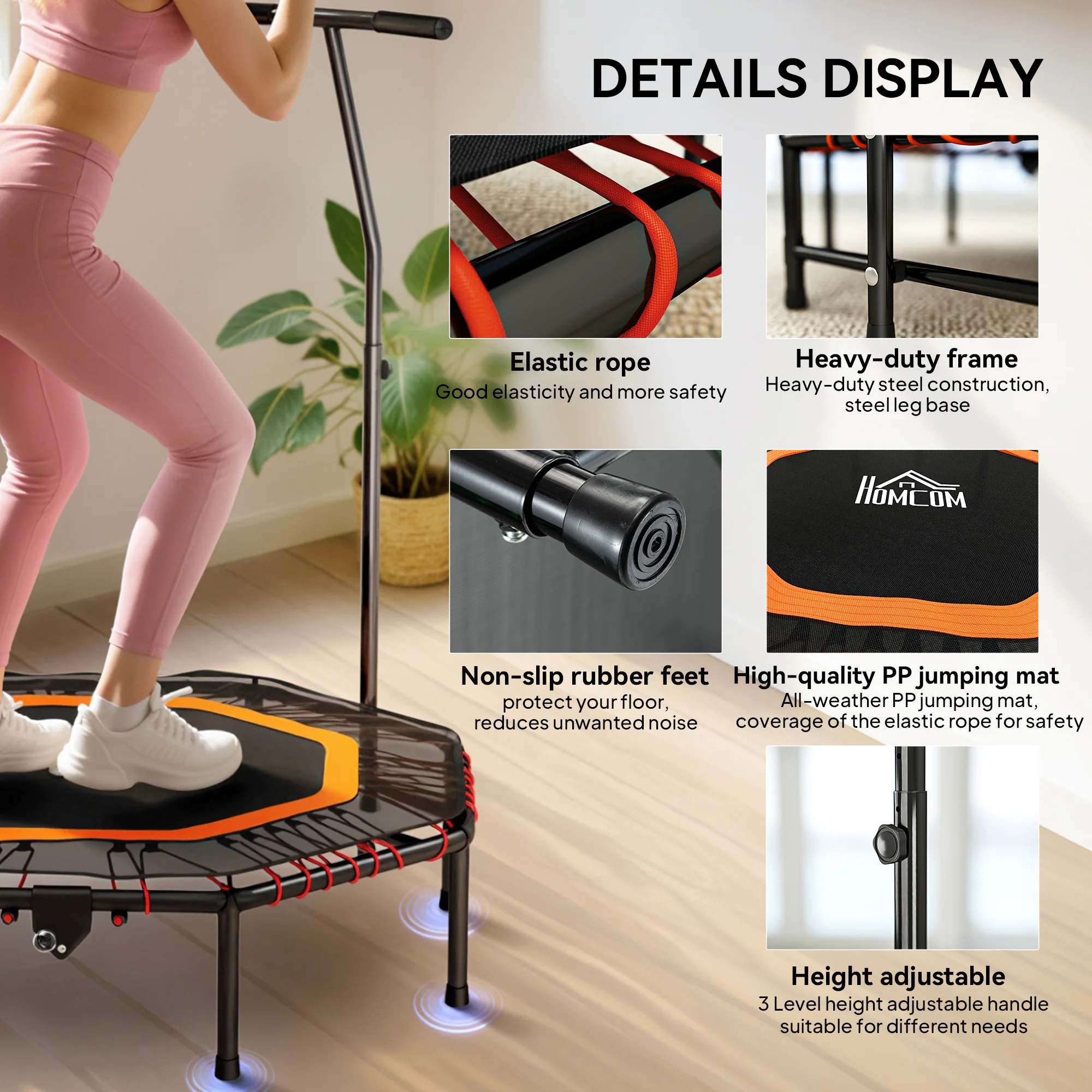 HOMCOM Foldable Trampoline w/ Adjust Handle, Max Load 150 KG, Orange - Image 4