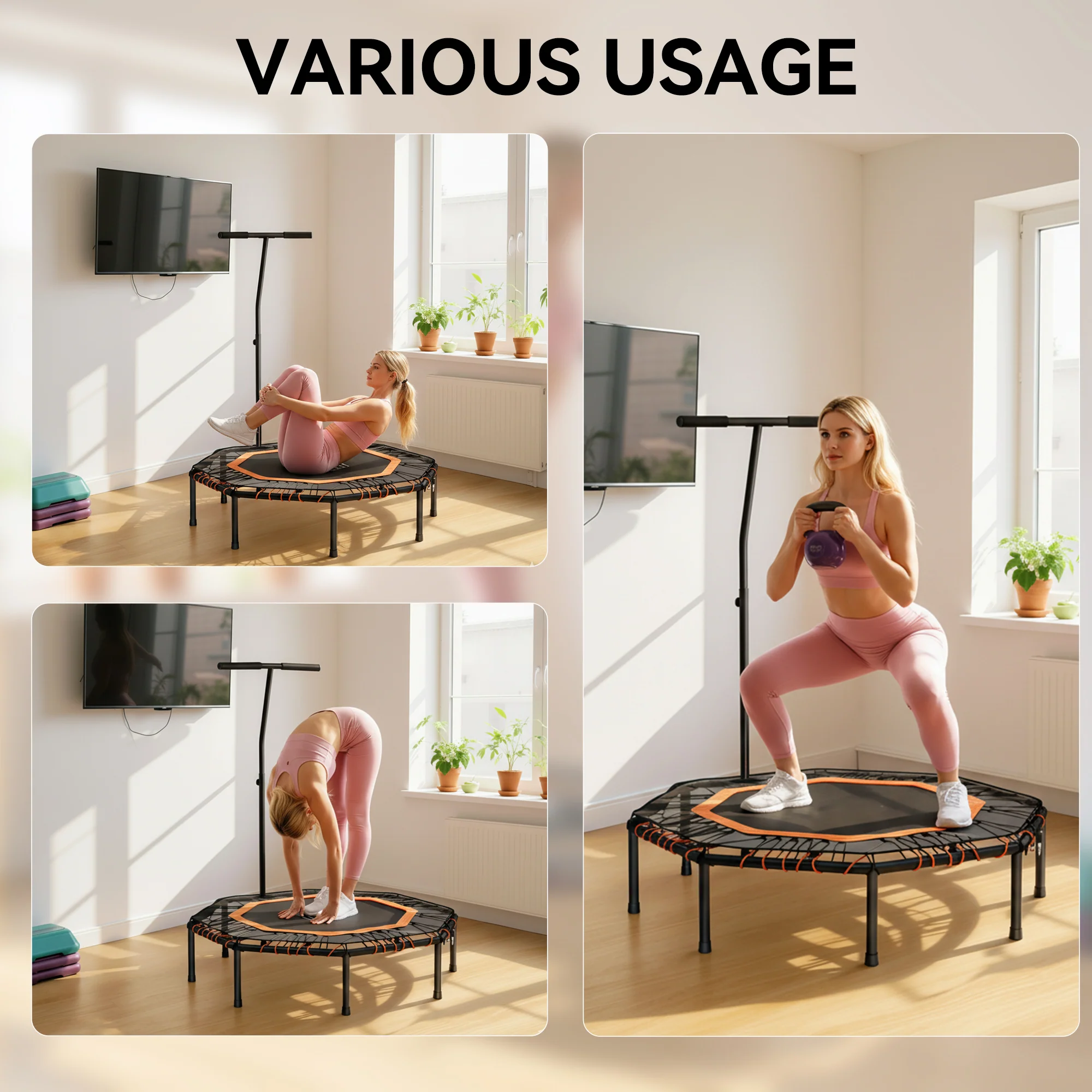 HOMCOM Foldable Trampoline w/ Adjust Handle, Max Load 150 KG, Orange - Image 6