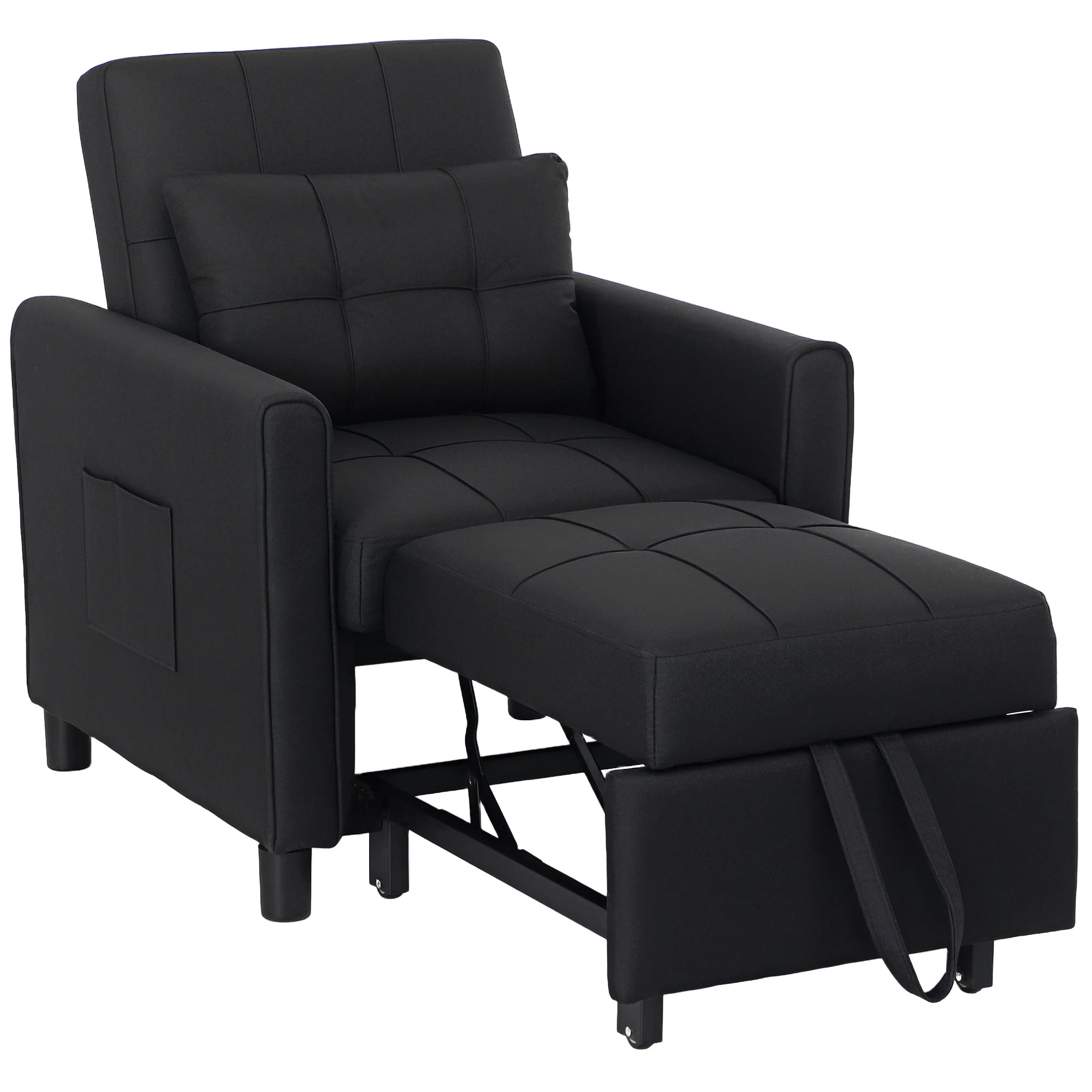 HOMCOM Folding Chair Bed, Sleeper Chair with Pillow, Side Pockets, Black
