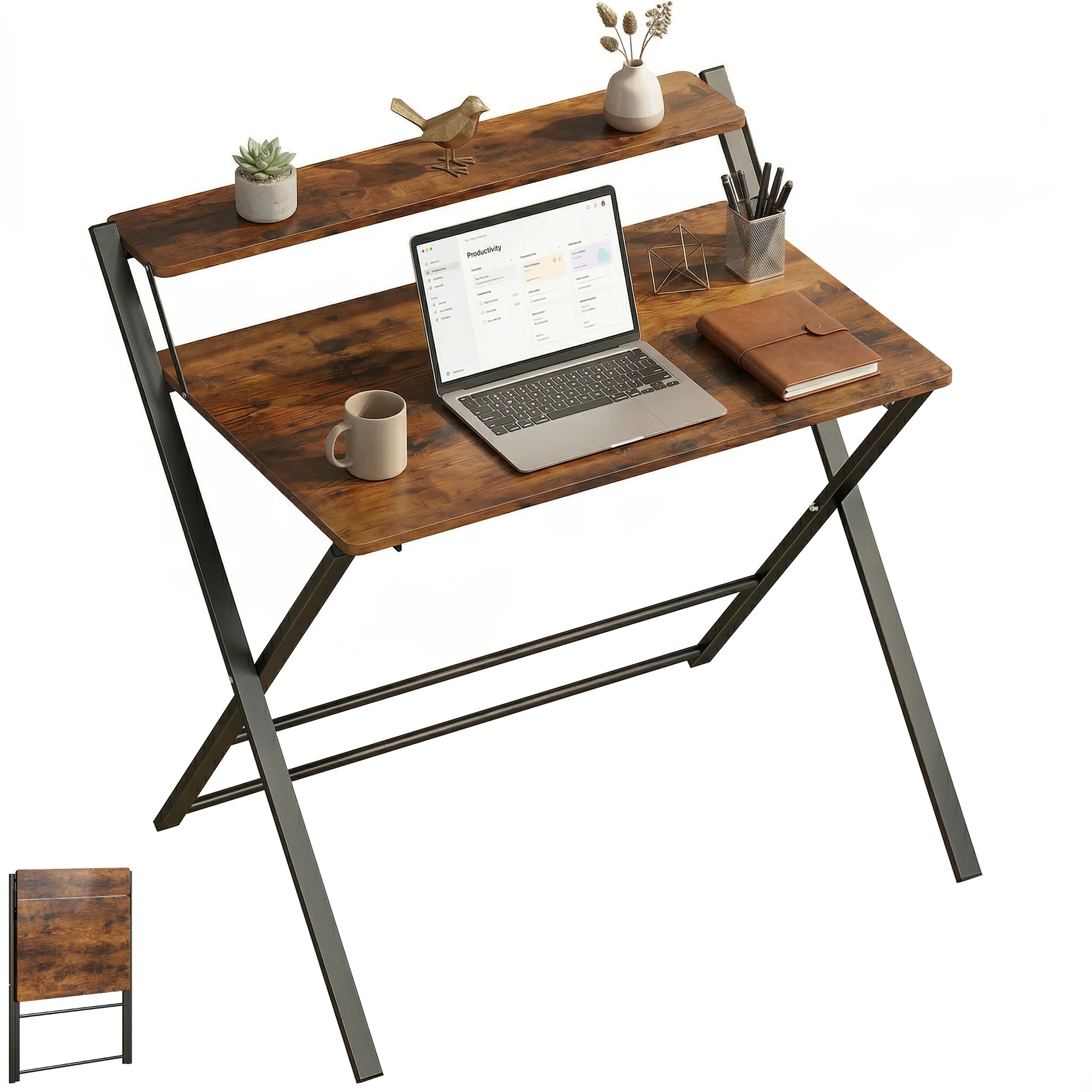 HOMCOM Folding Desk with 2-Tier Shelf for Home Office, Rustic Brown