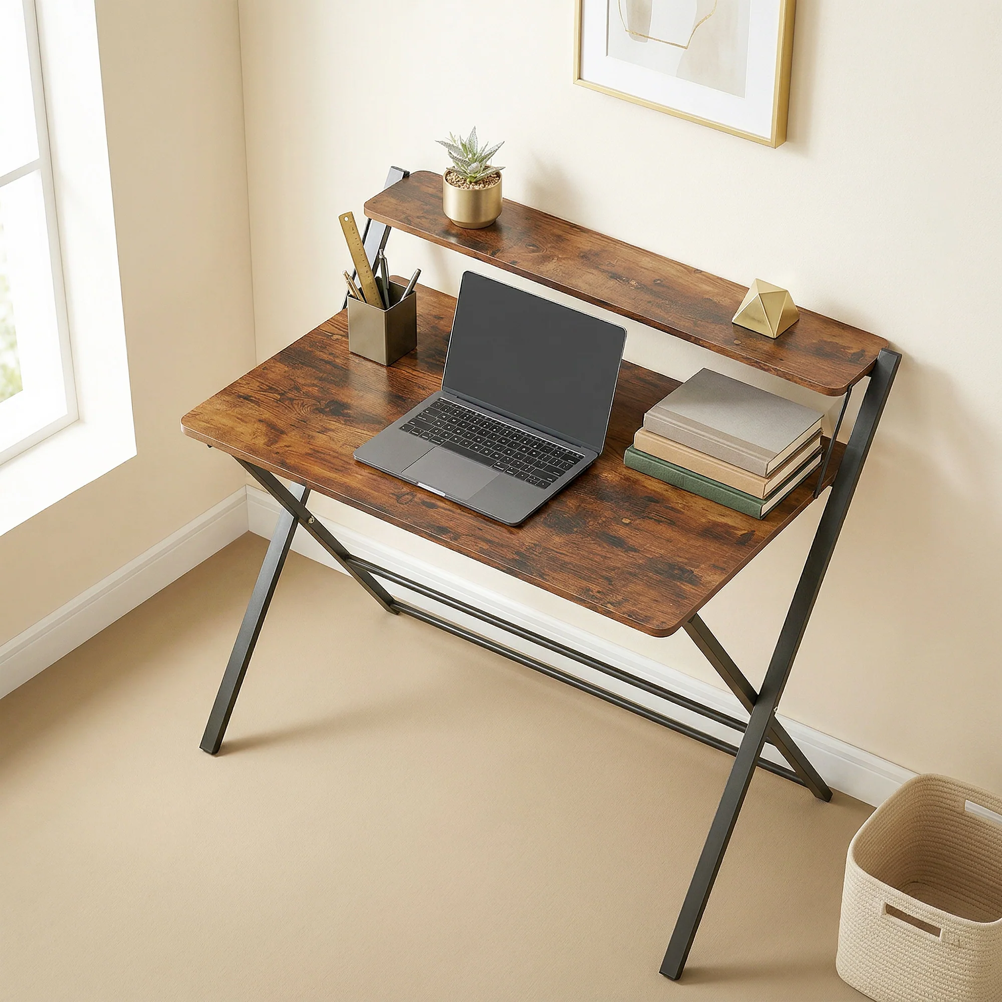 HOMCOM Folding Desk with 2-Tier Shelf for Home Office, Rustic Brown - Image 2