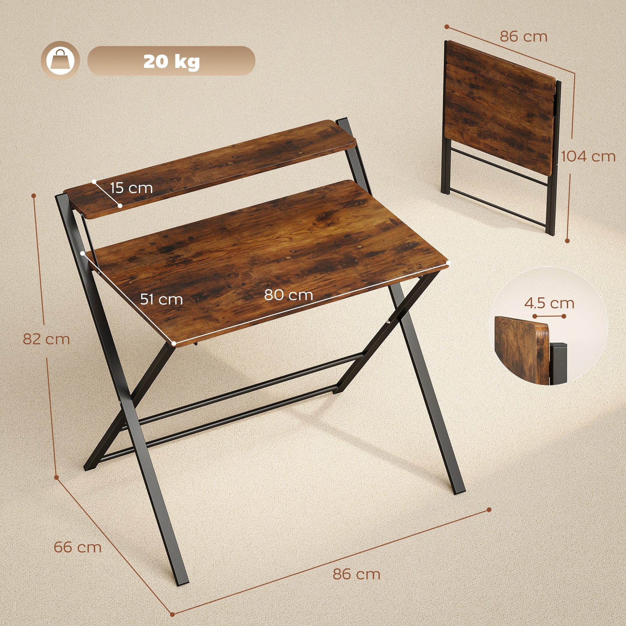 HOMCOM Folding Desk with 2-Tier Shelf for Home Office, Rustic Brown - Image 5