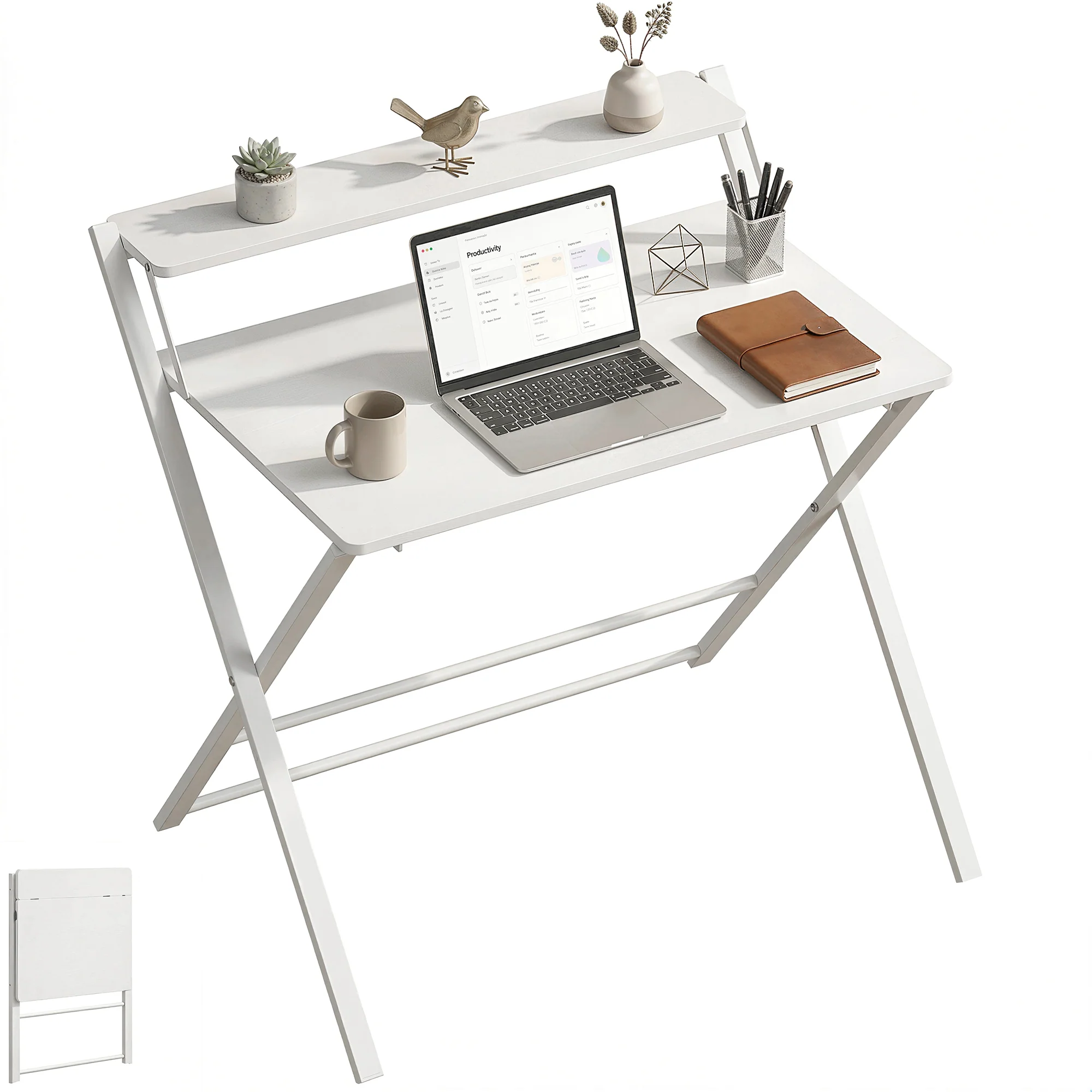 HOMCOM Folding Desk with 2-Tier Shelf for Home Office, White