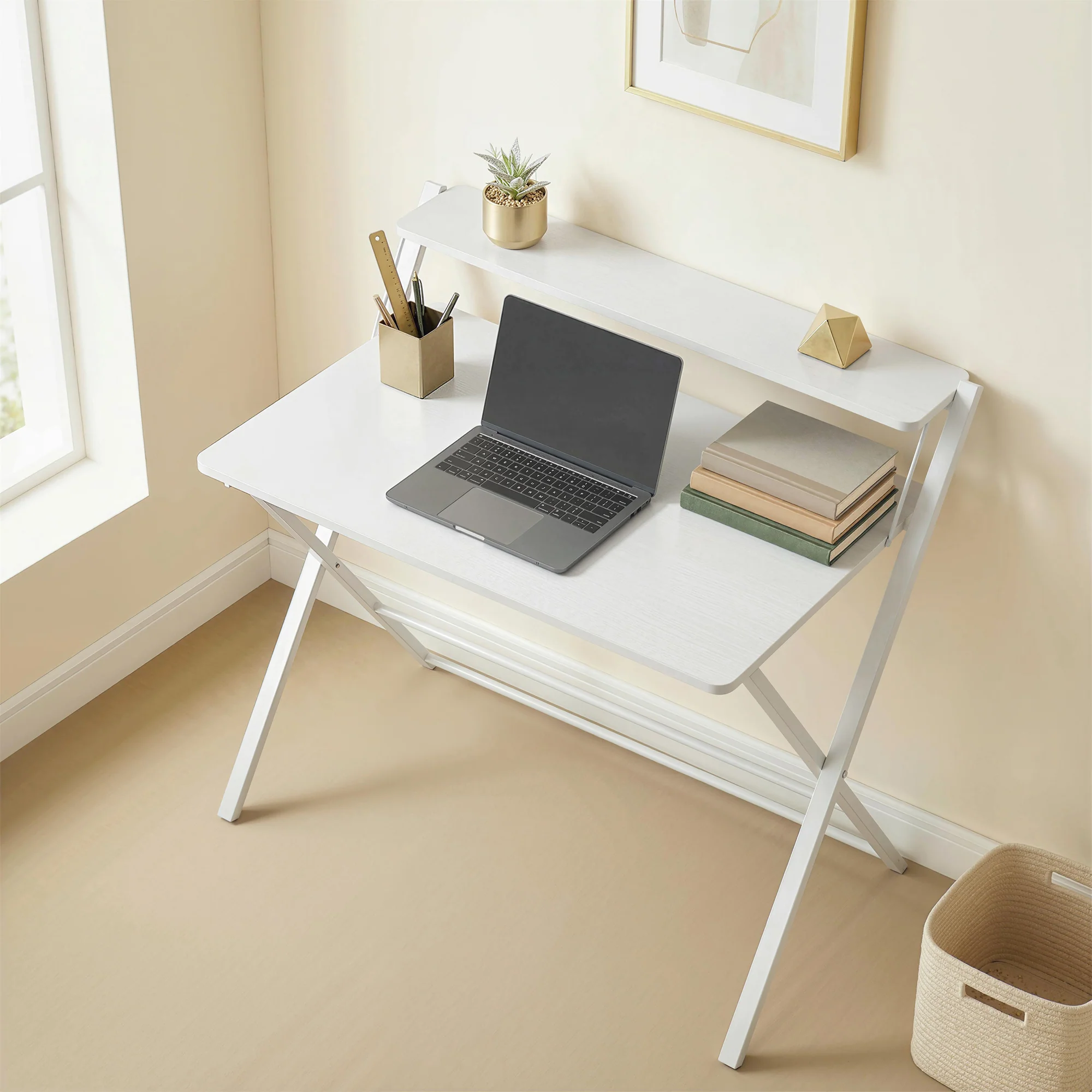 HOMCOM Folding Desk with 2-Tier Shelf for Home Office, White - Image 2