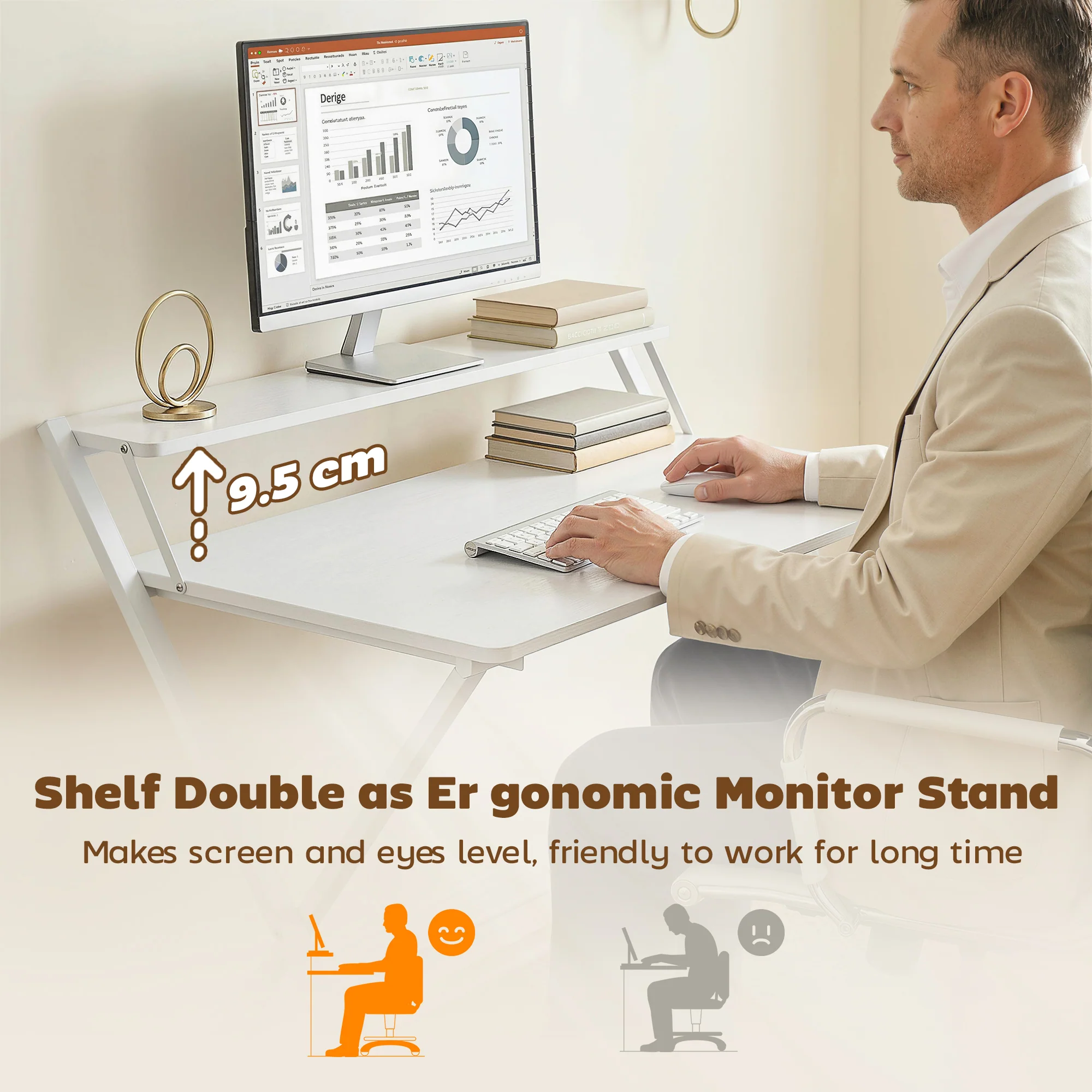 HOMCOM Folding Desk with 2-Tier Shelf for Home Office, White - Image 6