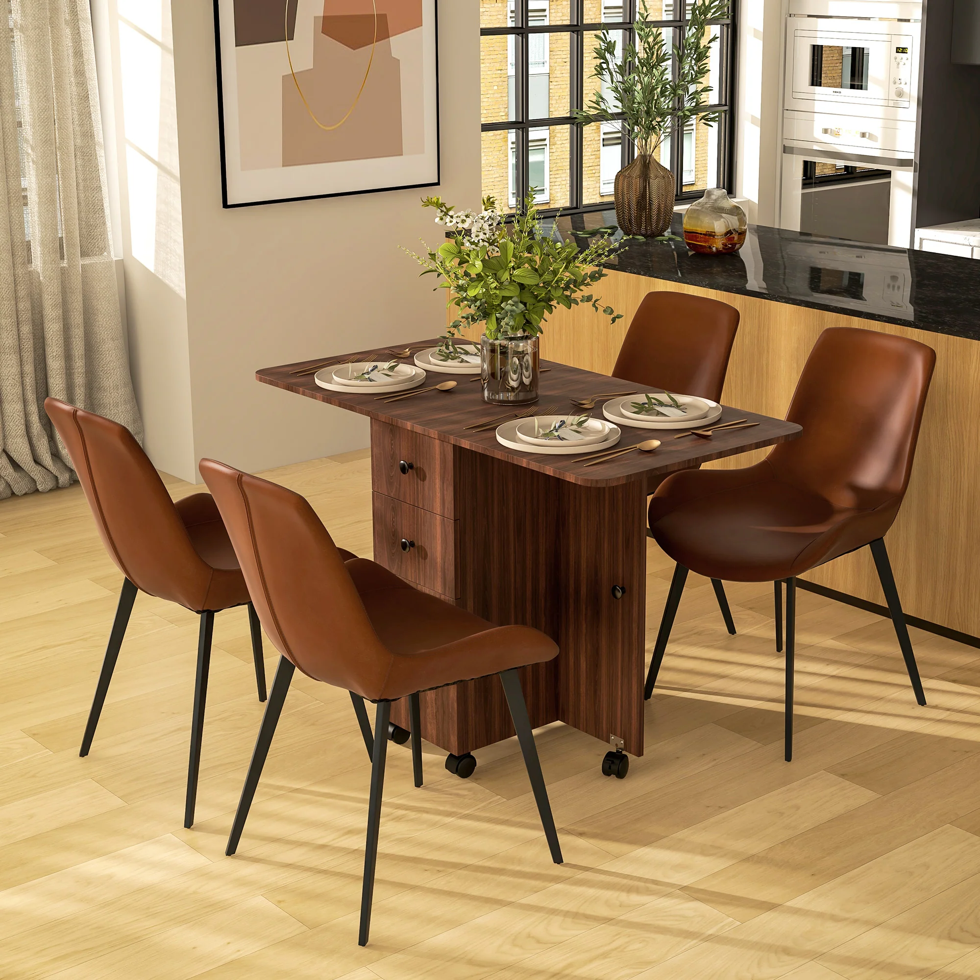 HOMCOM Folding Dining Table, Drop Leaf Table With Drawers Distressed - Image 11