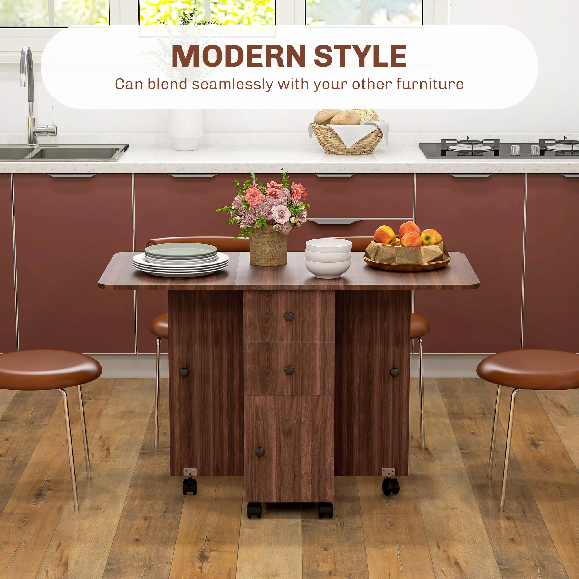 HOMCOM Folding Dining Table, Drop Leaf Table With Drawers Distressed - Image 12
