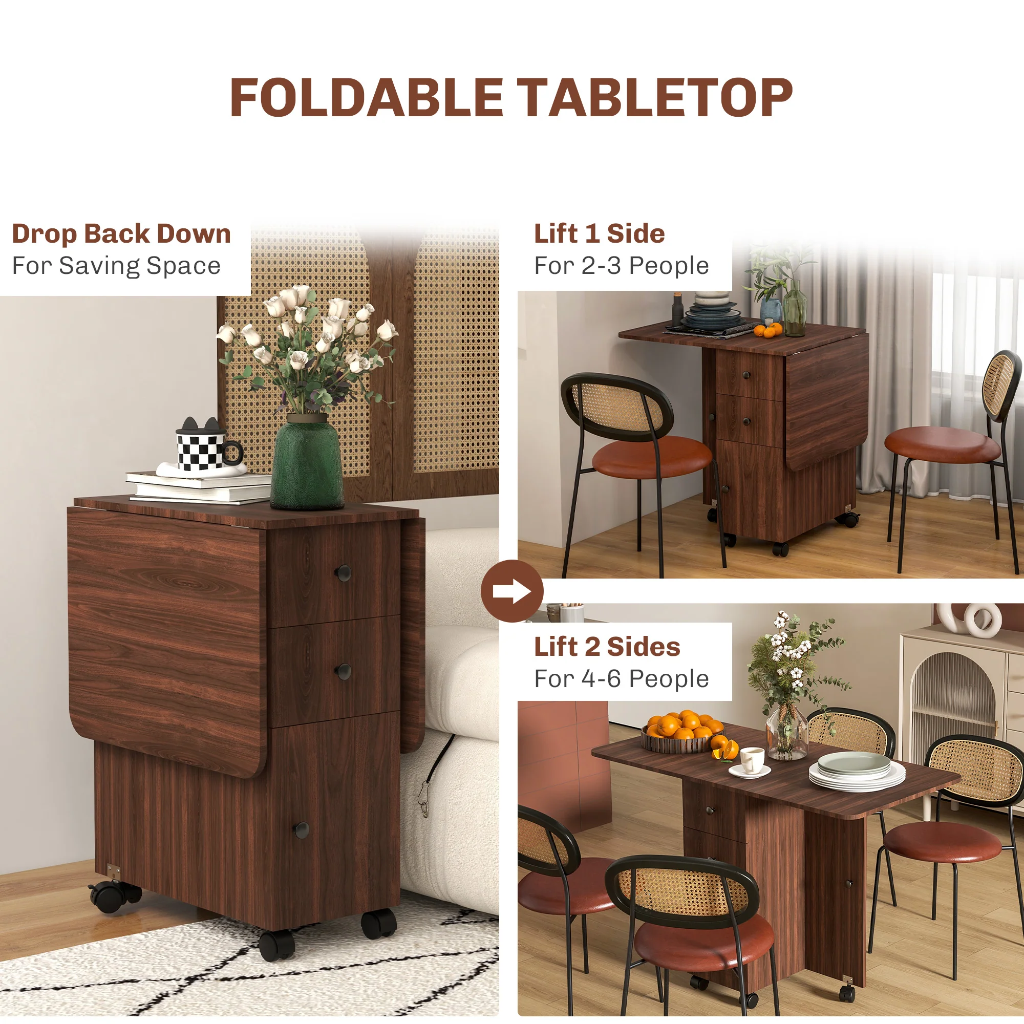 HOMCOM Folding Dining Table, Drop Leaf Table With Drawers Distressed - Image 13
