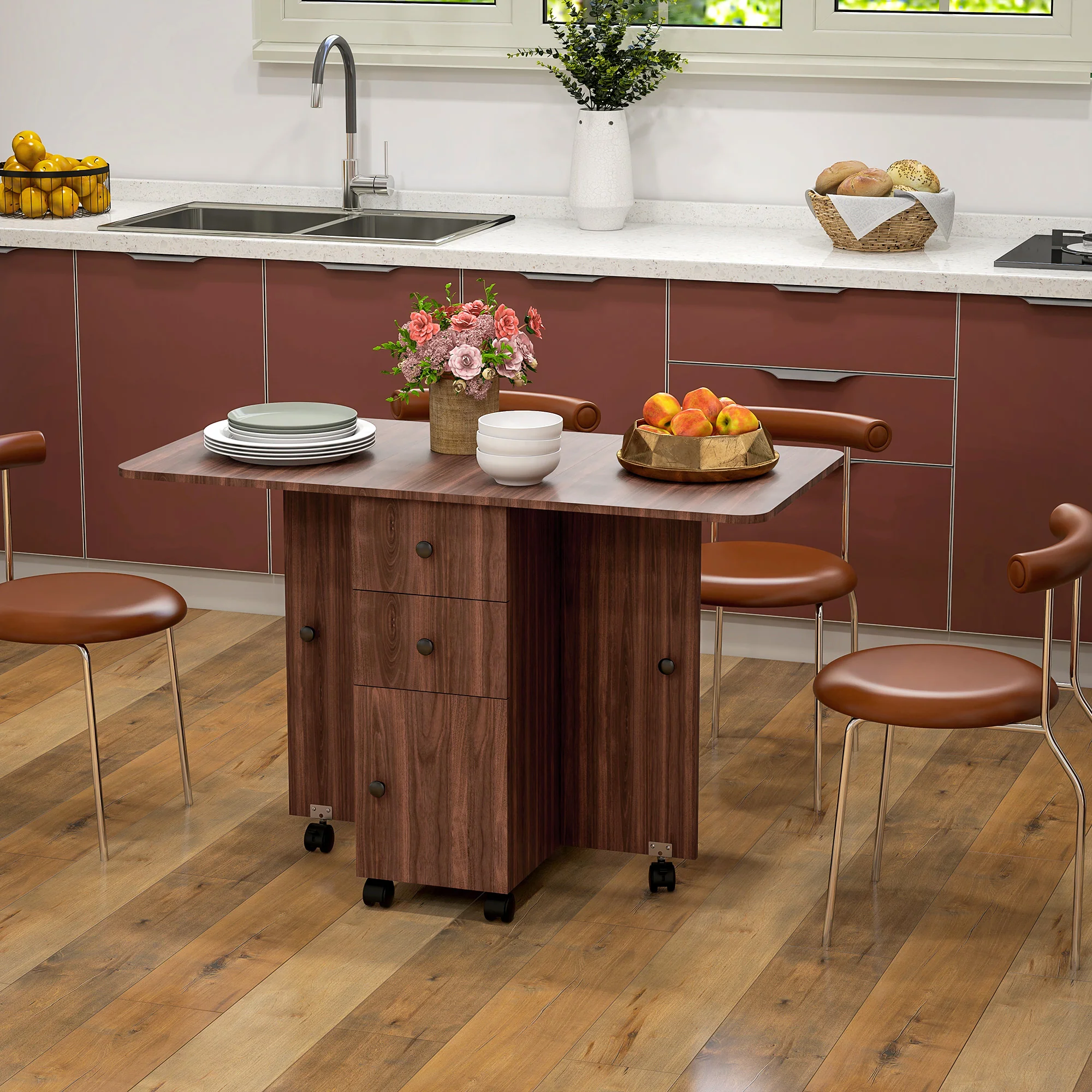 HOMCOM Folding Dining Table, Drop Leaf Table With Drawers Distressed - Image 17