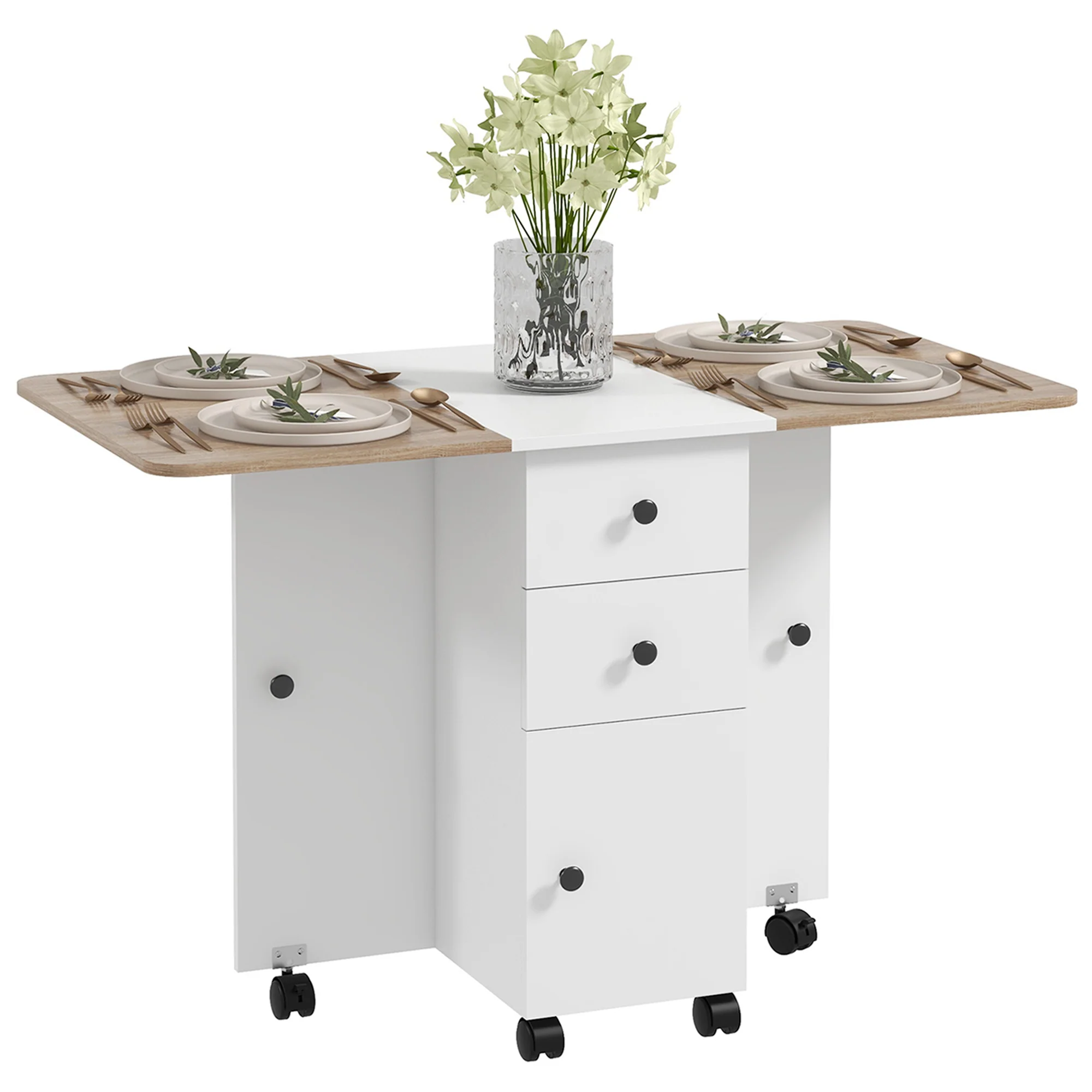 HOMCOM Folding Dining Table, Drop Leaf Table With Drawers Distressed - Image 19