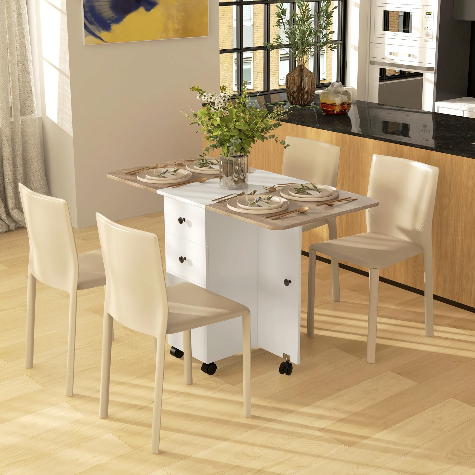 HOMCOM Folding Dining Table, Drop Leaf Table With Drawers Distressed - Image 20
