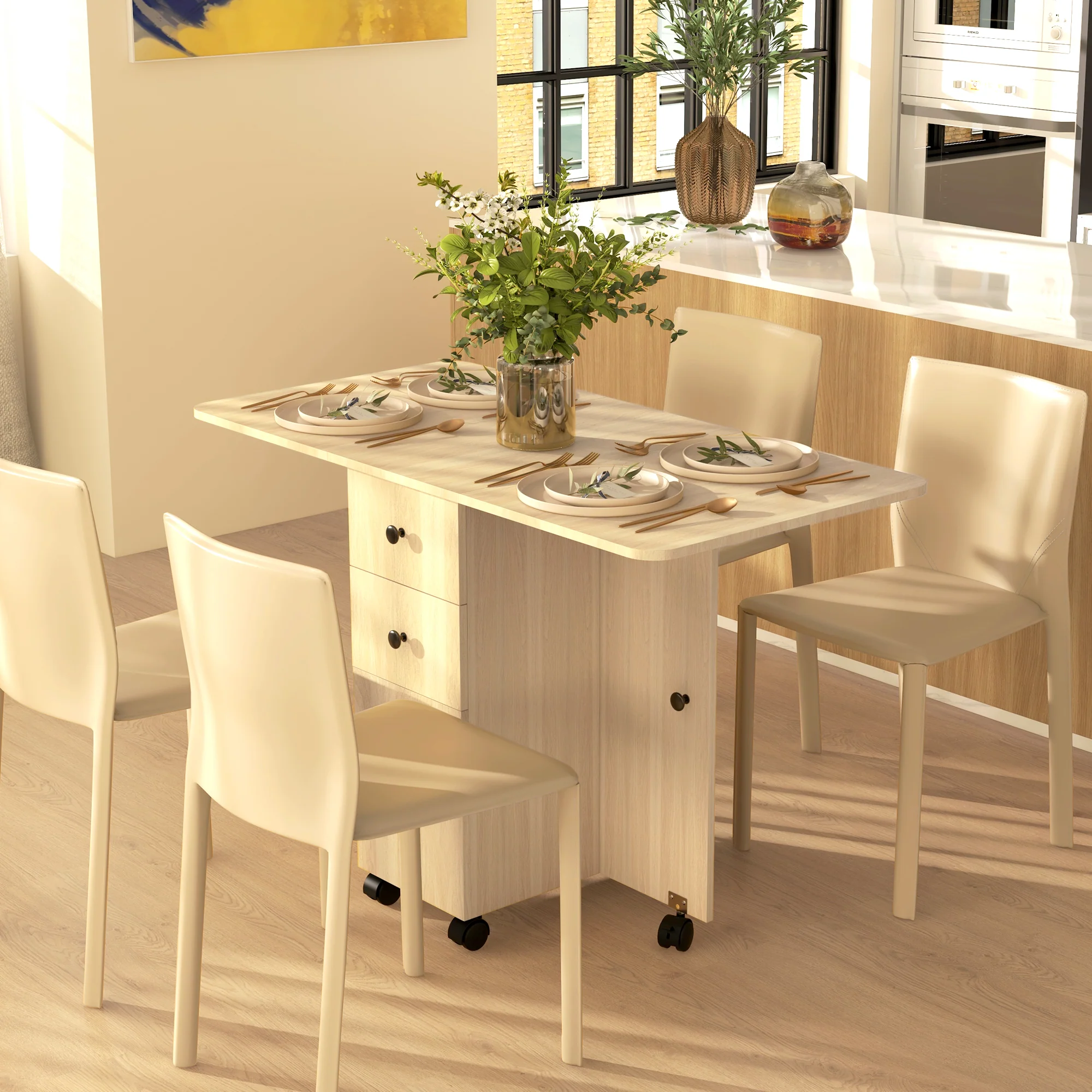 HOMCOM Folding Dining Table, Drop Leaf Table With Drawers Distressed - Image 29