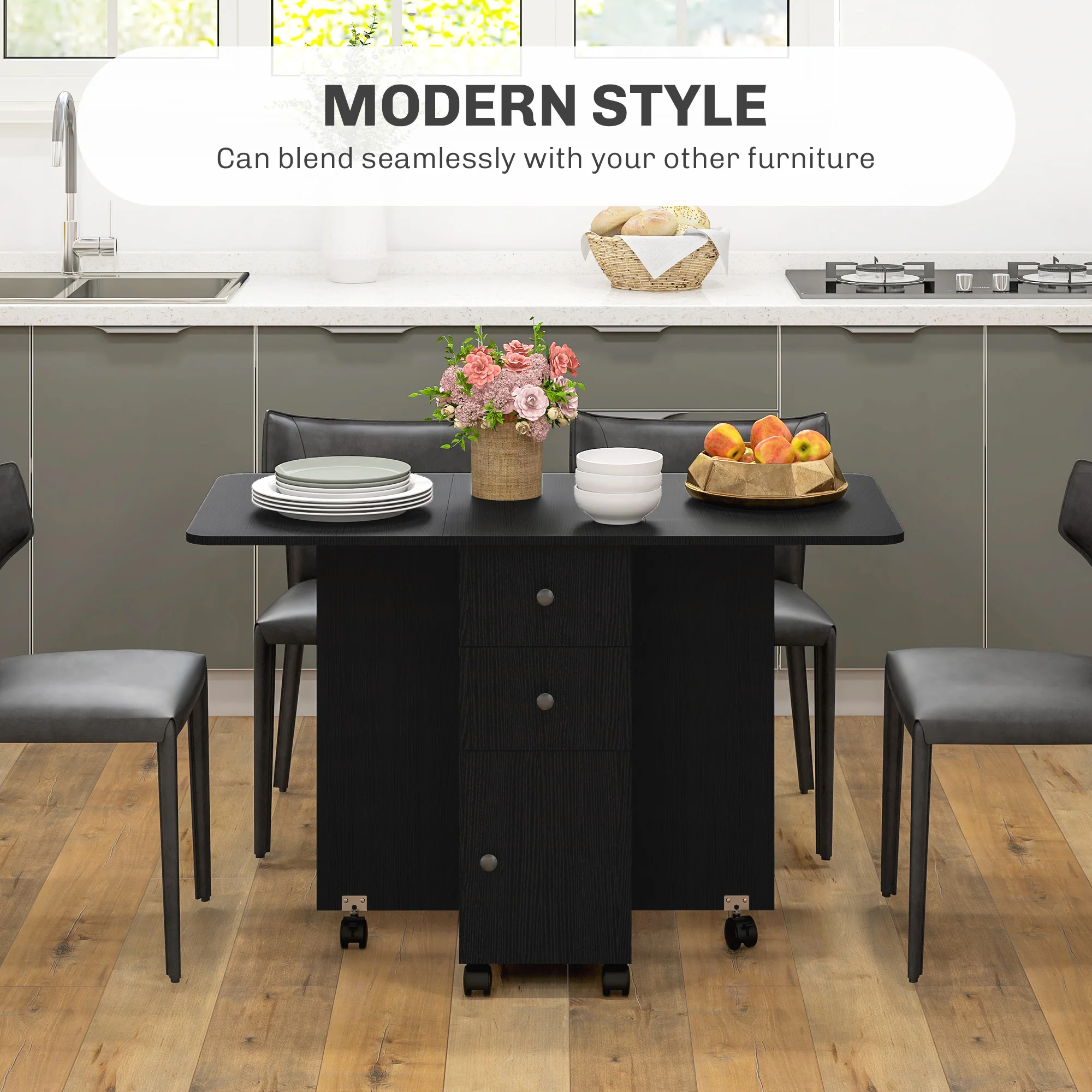 HOMCOM Folding Dining Table, Drop Leaf Table With Drawers Distressed - Image 3