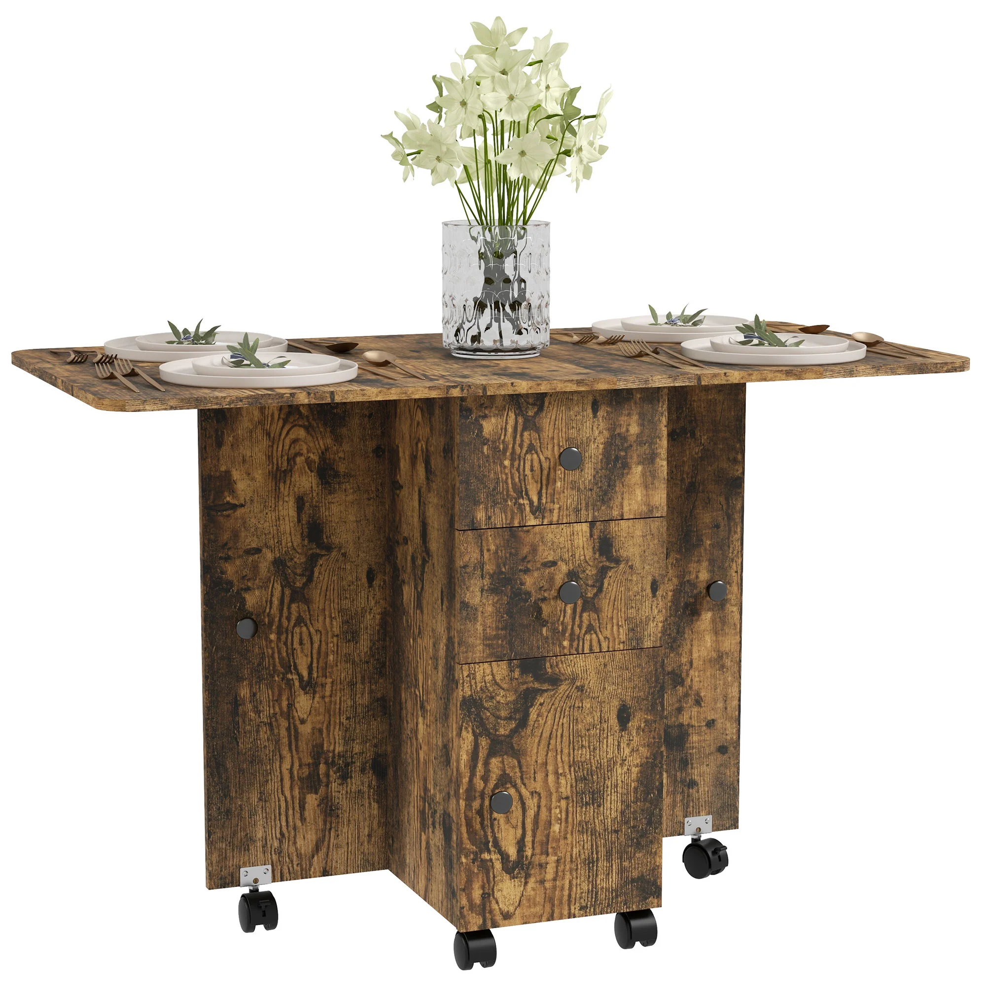 HOMCOM Folding Dining Table, Drop Leaf Table With Drawers Distressed - Image 37
